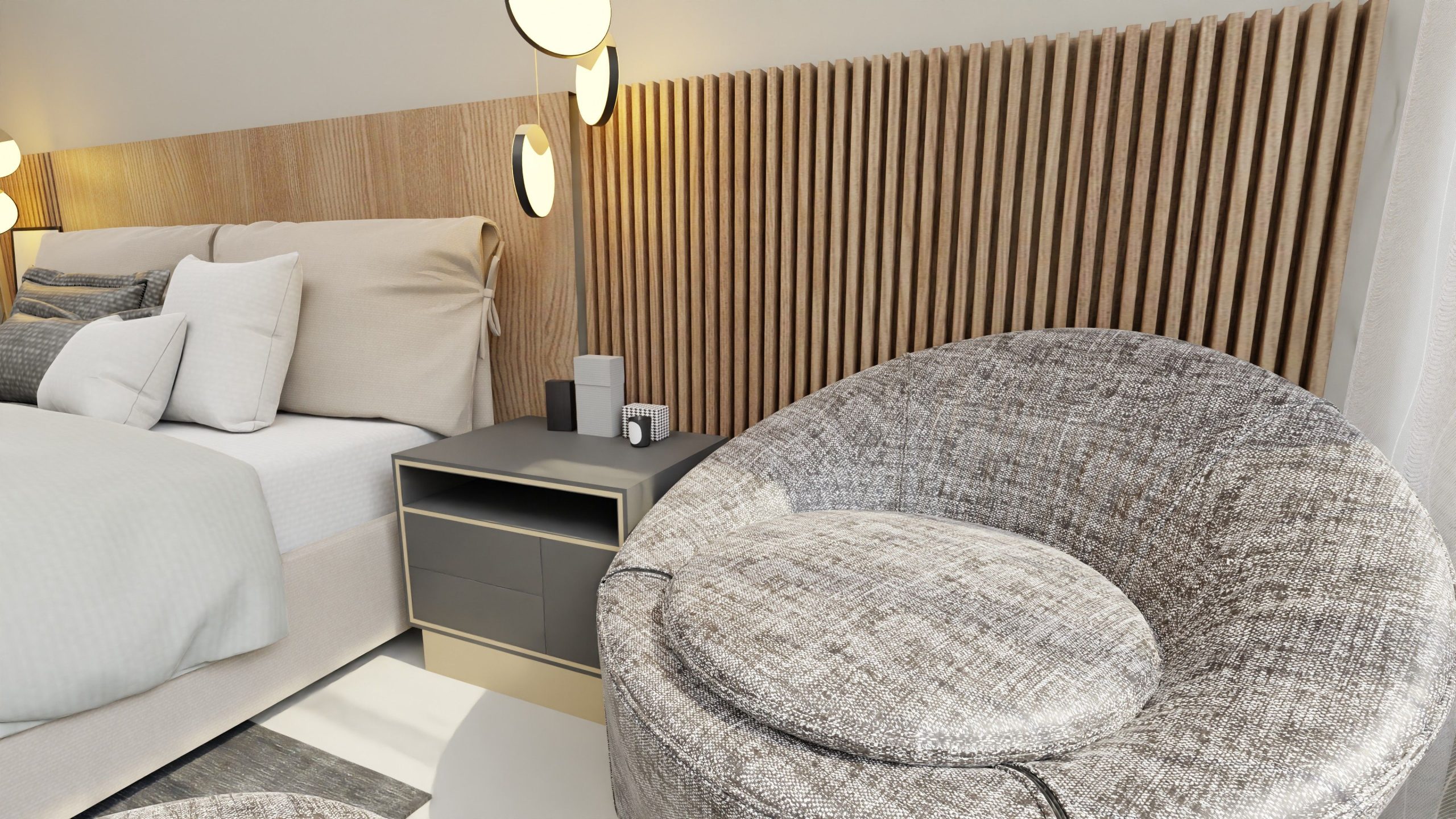 A modern bedroom features elegant furniture and soft lighting for a relaxing atmosphere.