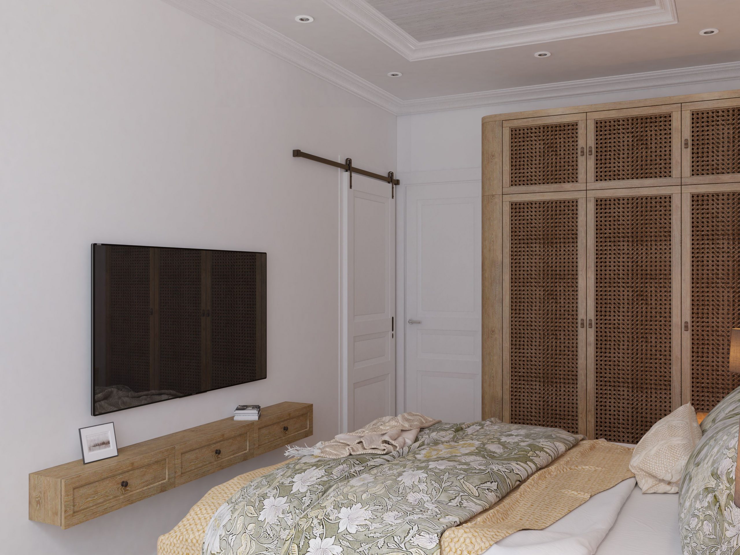 A modern bedroom featuring a TV, woven wardrobe, and elegant decor perfect for relaxation.