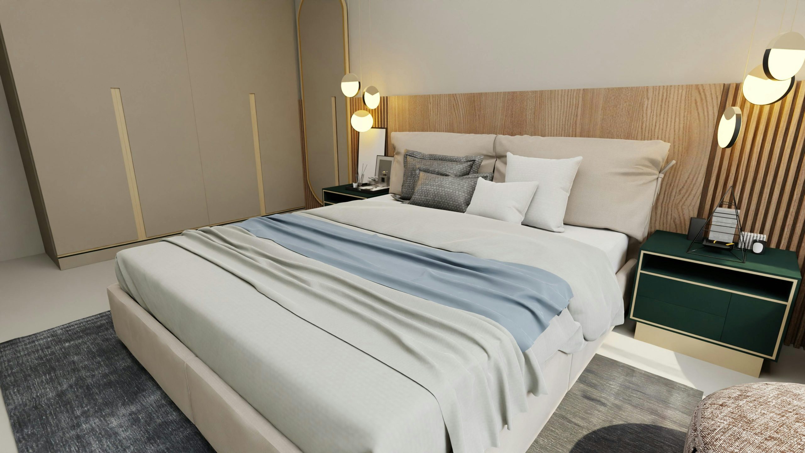 A modern bedroom with soft lighting, cozy blankets, and chic decor for a comfortable setting.
