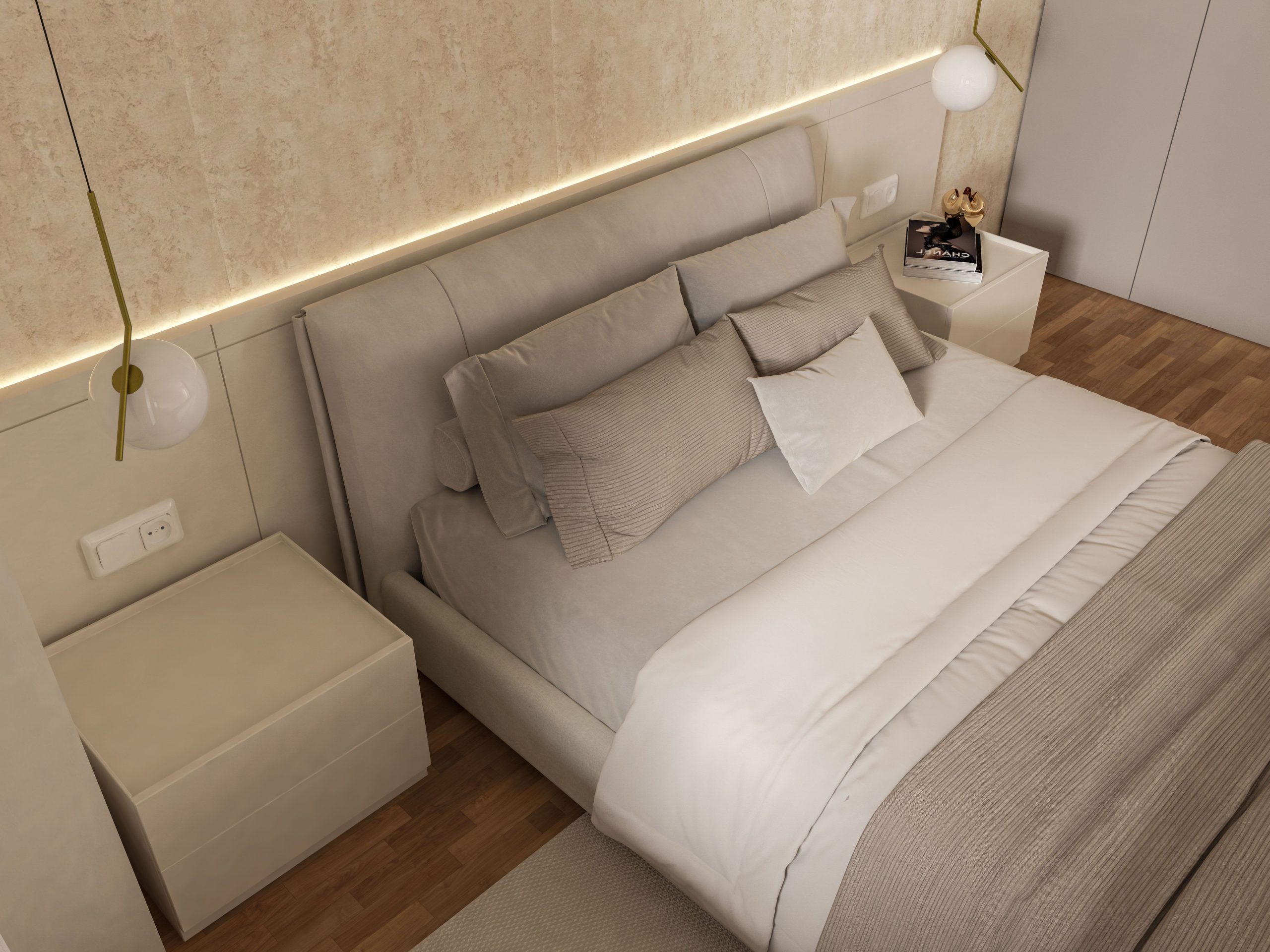 A modern minimalist bedroom featuring a plush bed, sleek furniture, and elegant pendant lighting.