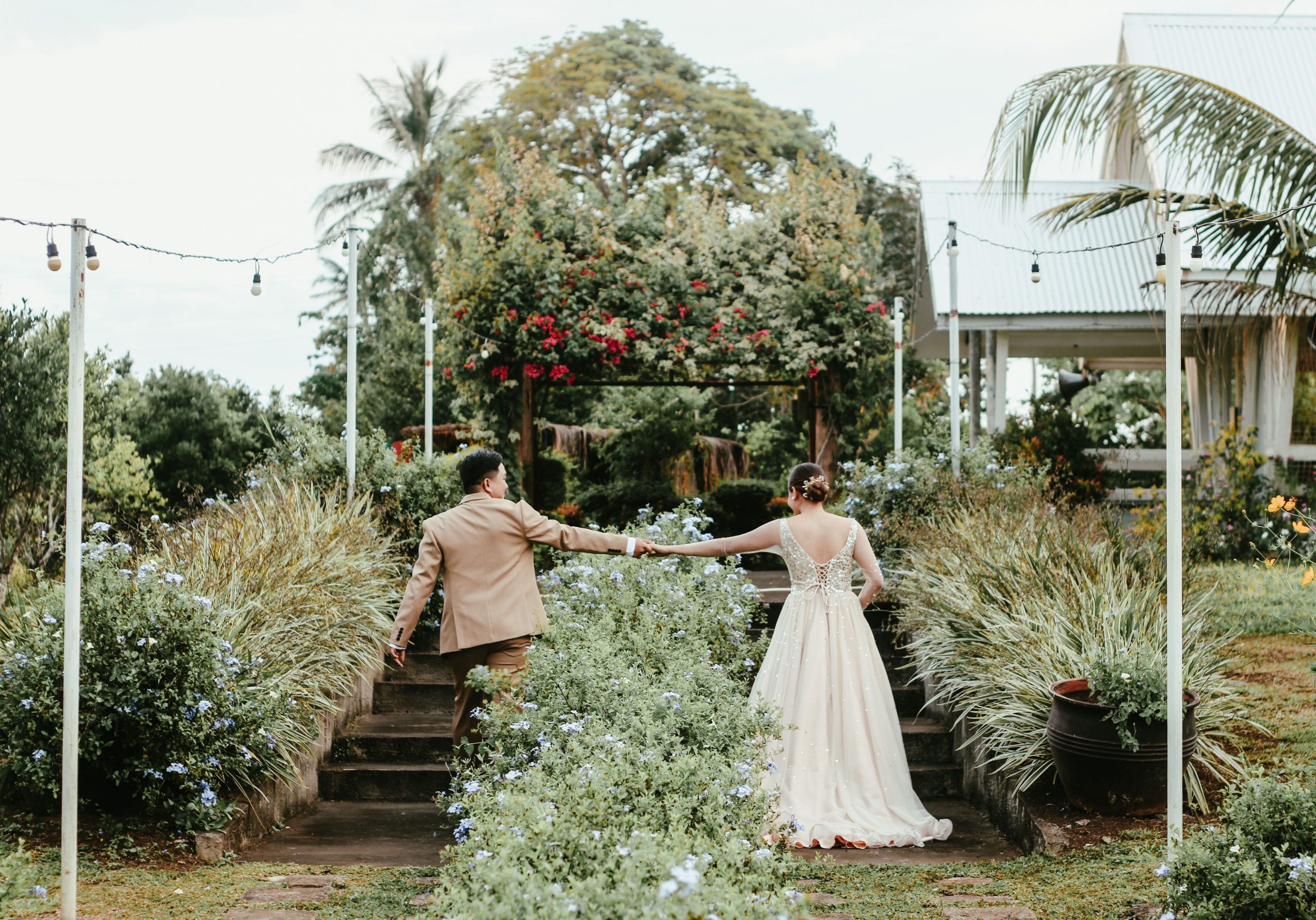 A newlywed couple holding hands in a lush garden, captured from behind.