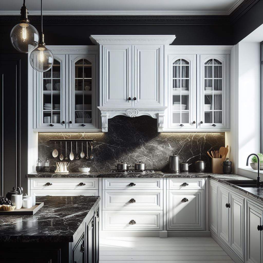 Achieve elegance with black granite and white cabinets