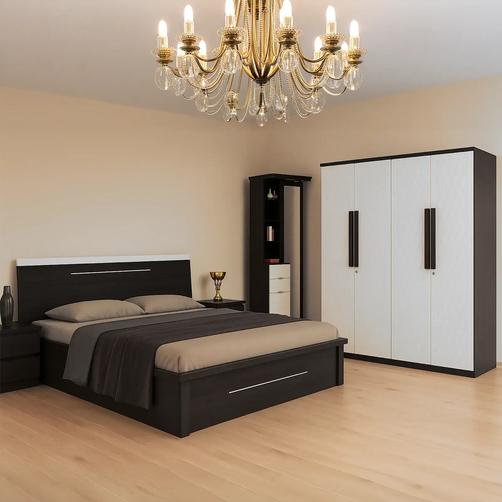 Atlas Modern Bedroom Set (4-Piece) | Dark Wenge Bed with Chrome Accent | White Diamond Pattern 4-Door Wardrobe