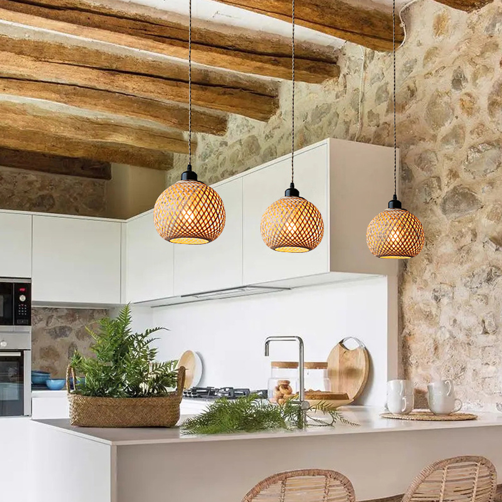 Babodecor Handmade Kitchen Island Bamboo Pendant Light Minimal Woven Hanging Lam
