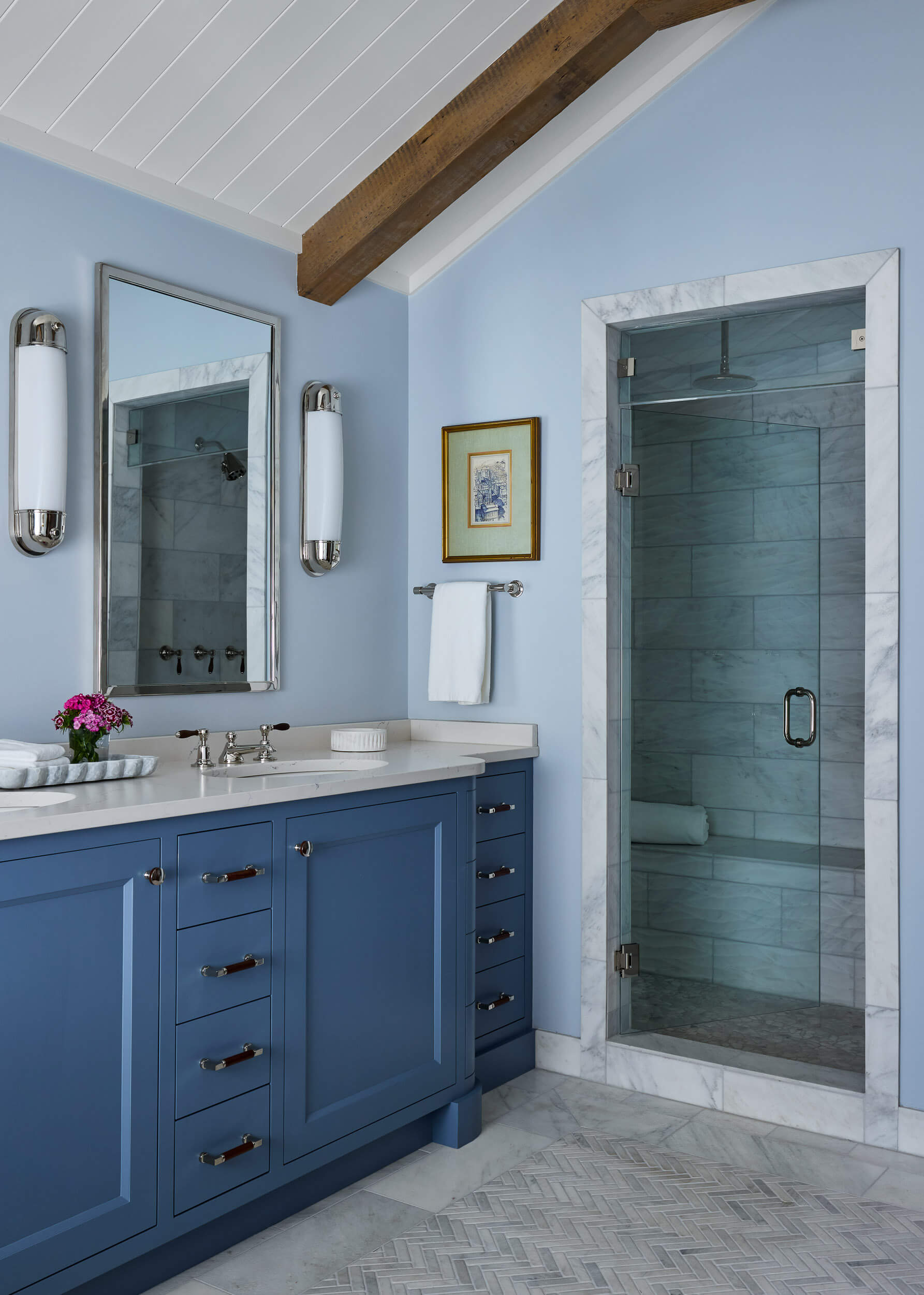 bathroom-design-subway-tile-showier-chevron-tile-floor -double-vanity-wood-beam-ceiling-interior-design-services | Peabody's Interiors