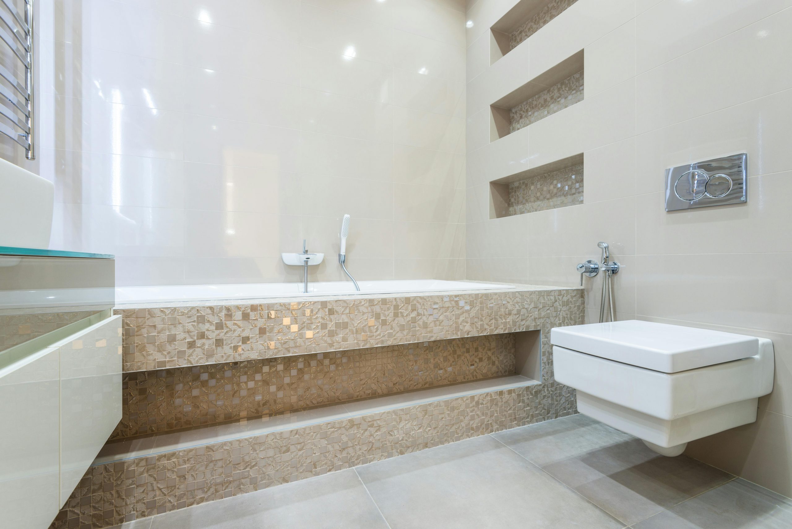 Bathtub placed near toilet in spacious bathroom with light walls in contemporary apartment
