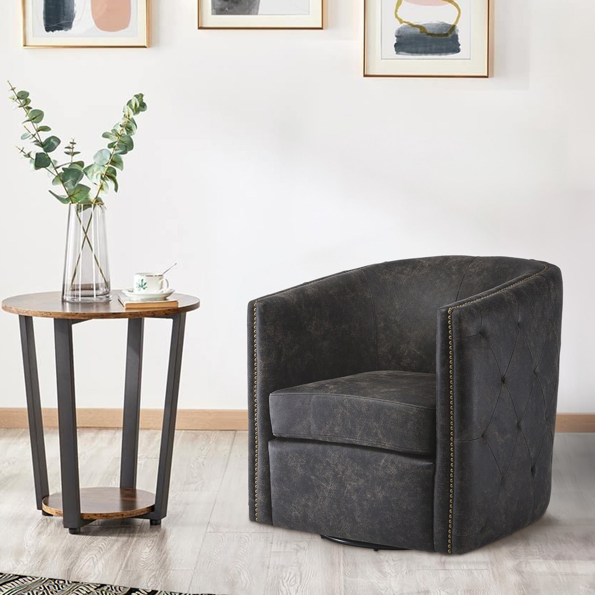 Benjara 31 Inch Barrel Back Leatherette Swivel Accent Chair, Black - BM231371 | Benzara.com