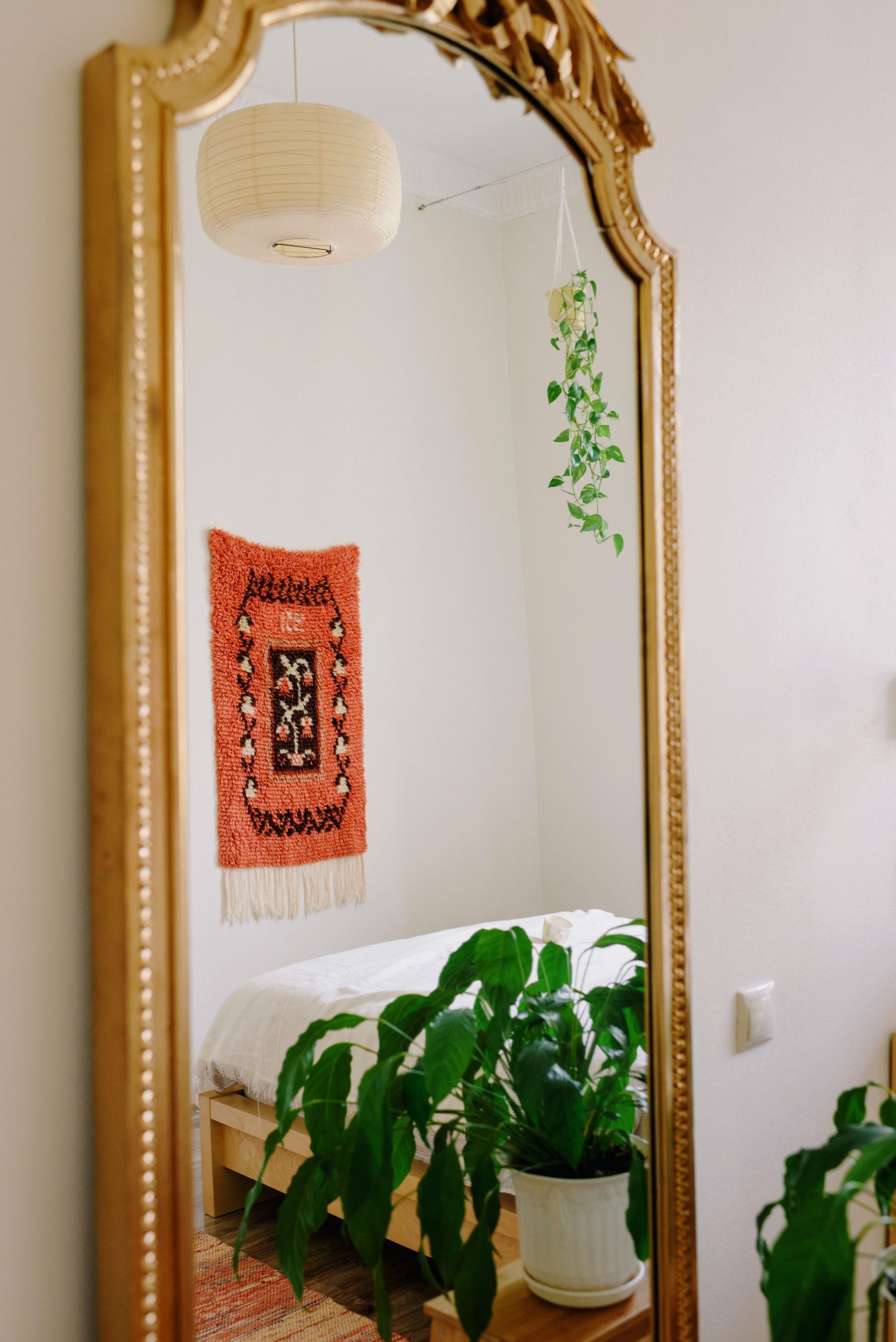 Big mirror with ornament reflecting bed and potted plant under lamp in contemporary house