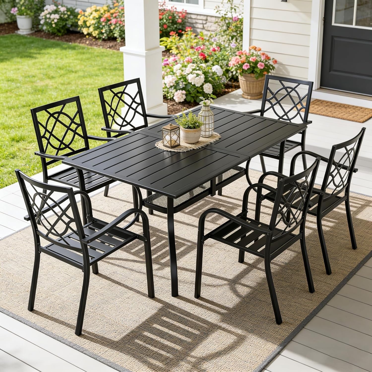 Black Metal Outdoor Patio Dining Set With Stackable Chairs 5/7 Piece Steel Outdoor Patio Dining Set, Steel Frame Outdoor Furniture, Slatted Table Stackable Chairs, Powder Coated Frame