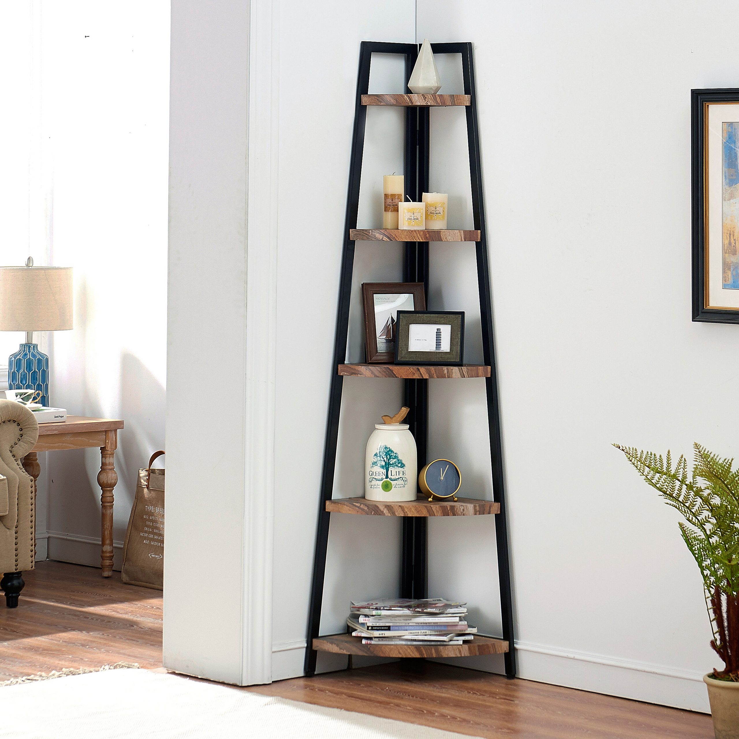 Book Shelf Ideas Bedroom Corner Rack Danya Free-Standing 5-Tier Pyramid Corner Shelf, Brown