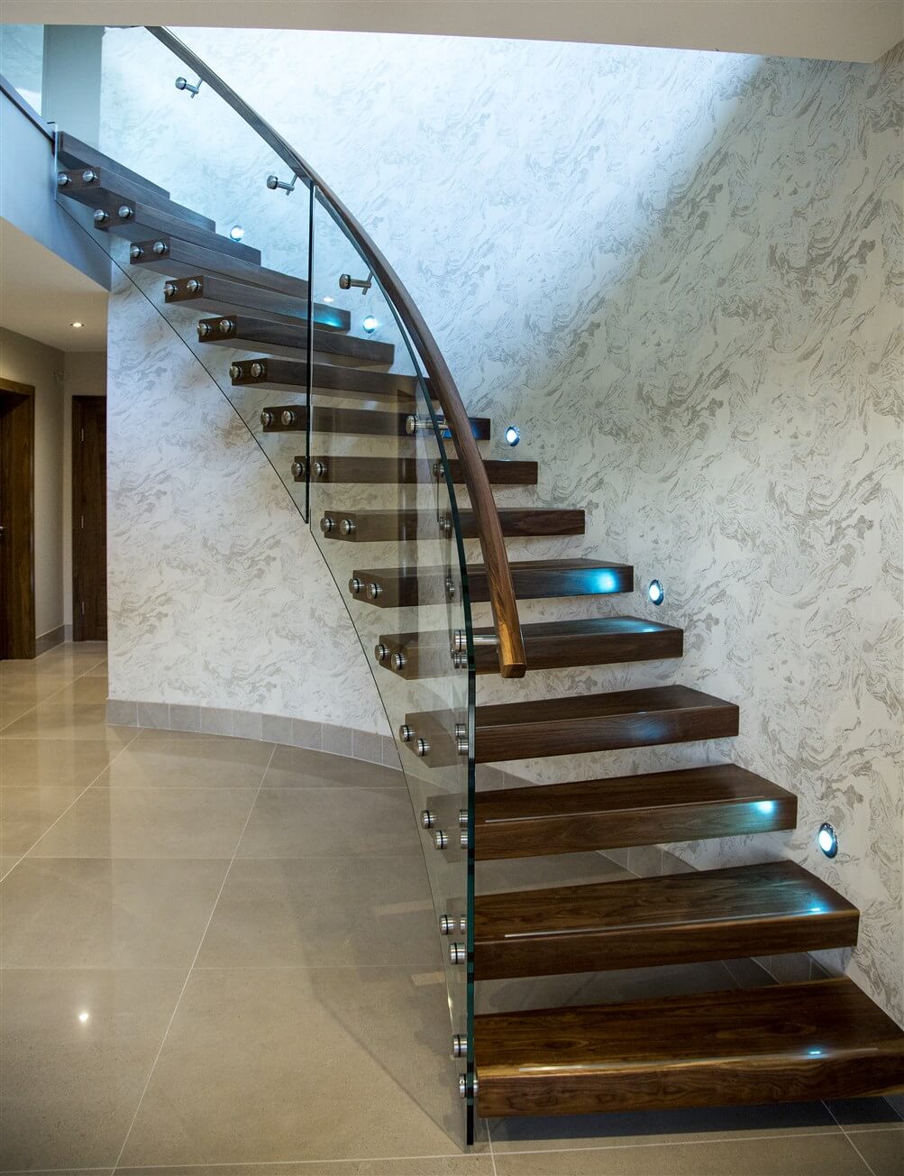 Cantilevered Curved Walnut Staircase with LED & Glass | Nationwide in Ireland
