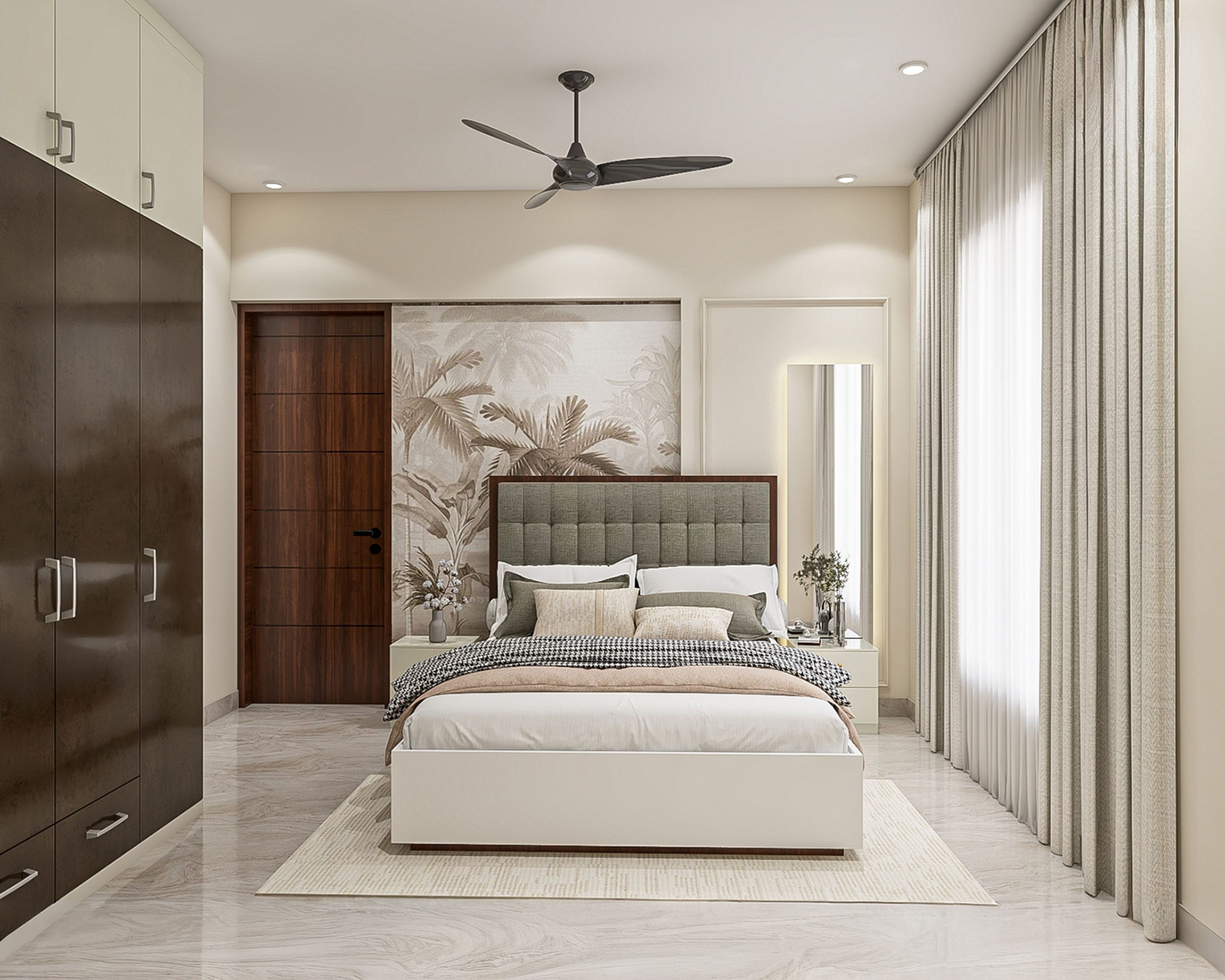 Contemporary Master Bedroom Design with Tropical Palm Leaf Wallpaper Accent | Livspace