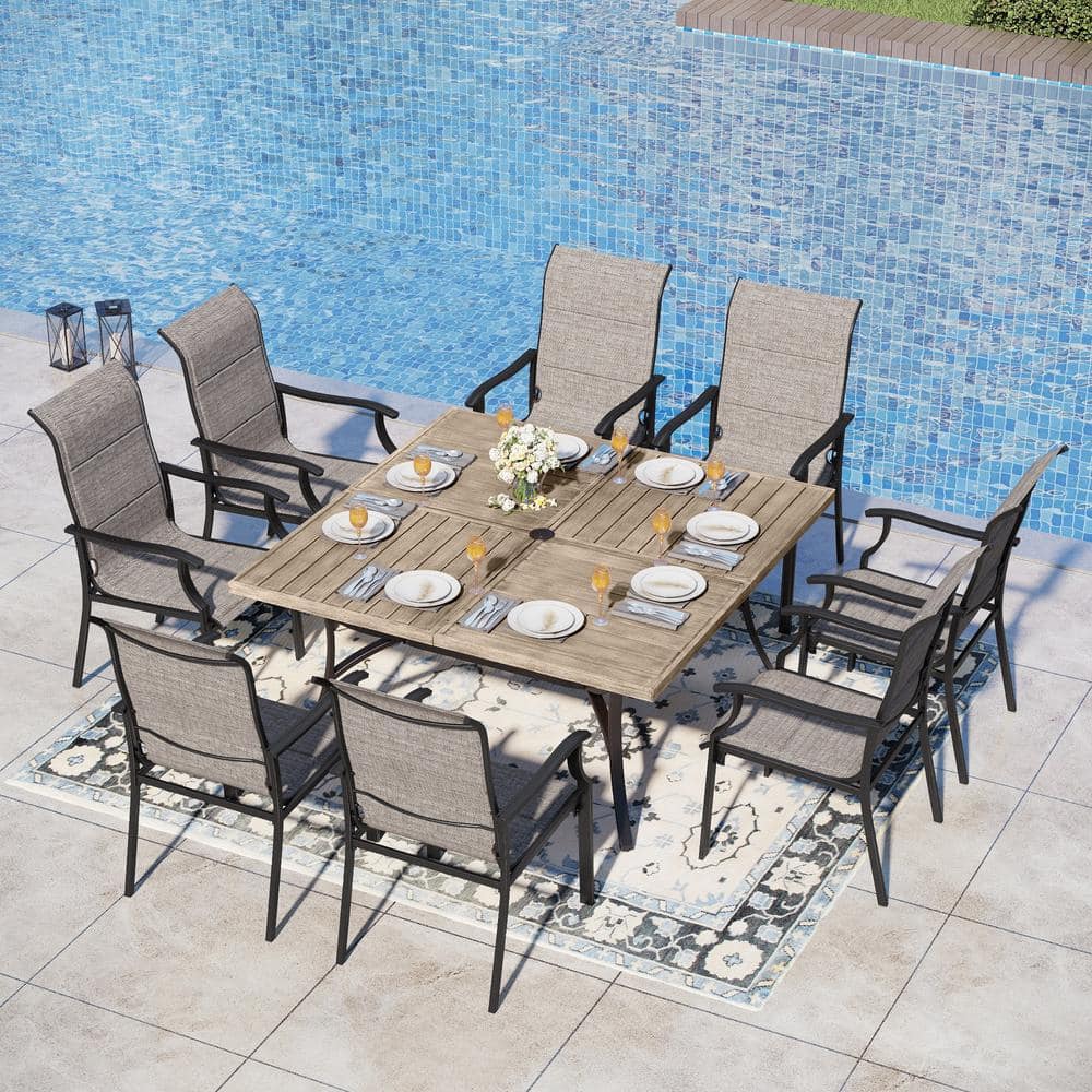 Dining Chairs Square Metal Outdoor Dining Table Phi Villa Black 9-Piece Metal Patio Outdoor Dining Set With Wood Finish Slat Square Table And Padded Textilene Chairs