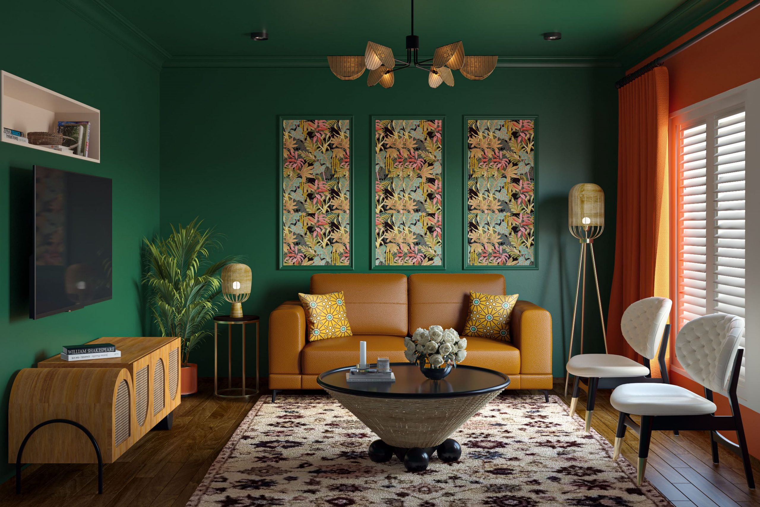 Eclectic Emerald Green Wall Paint Design with Matching Ceiling Design | Livspace