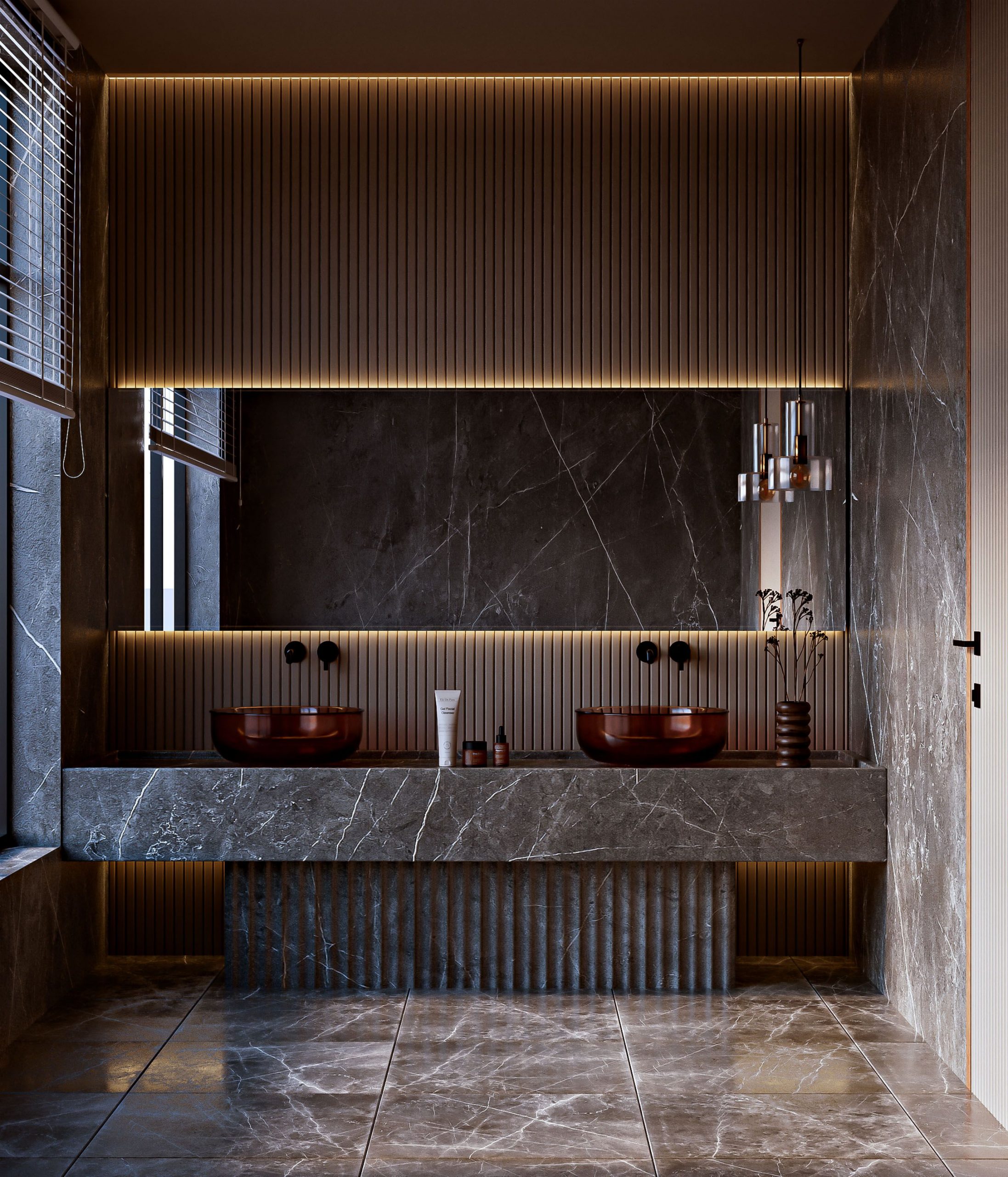 Elegant modern bathroom with marble design, double sink, and ambient warm lighting.