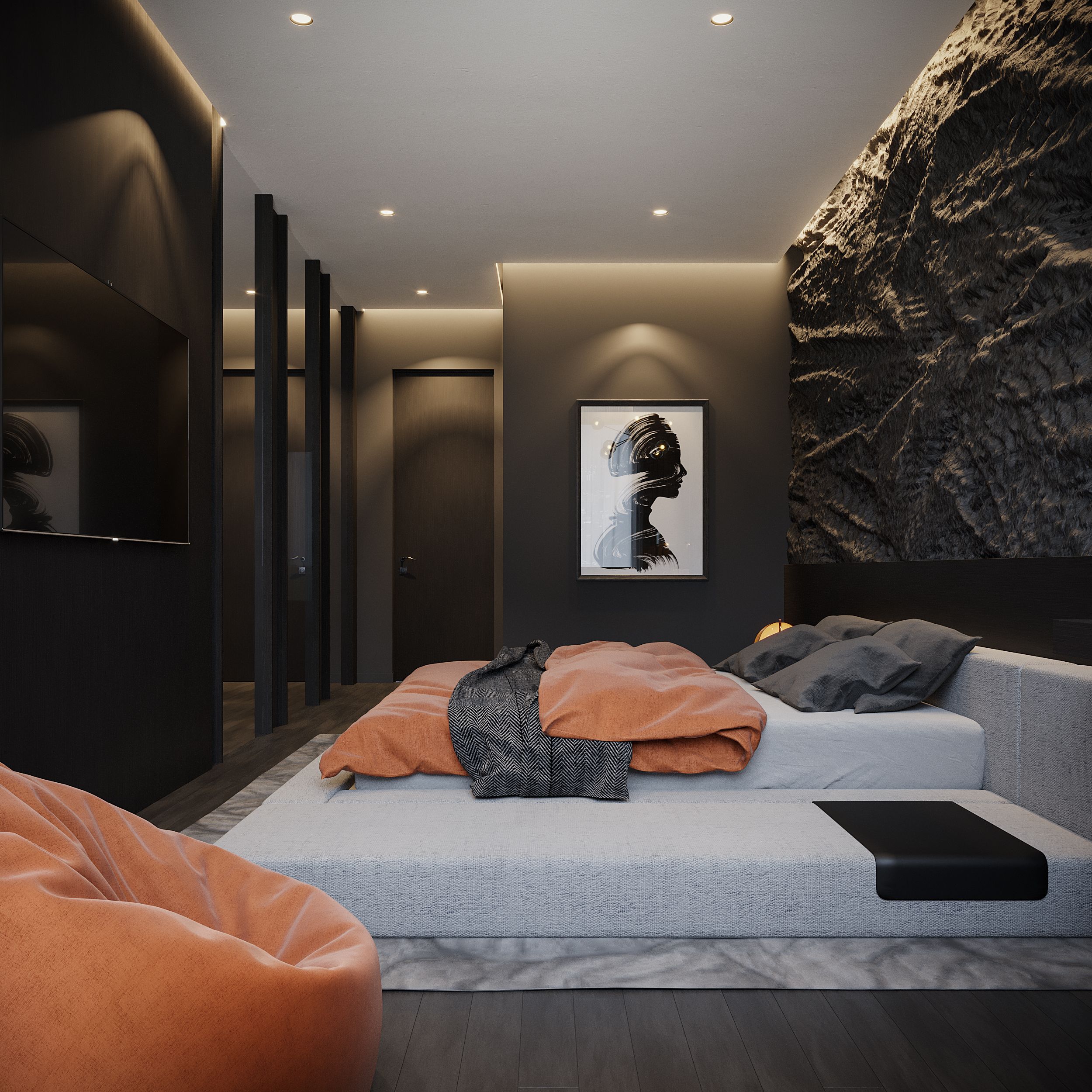Explore a sleek bedroom with black walls, modern design, and artistic elements for stylish interiors.