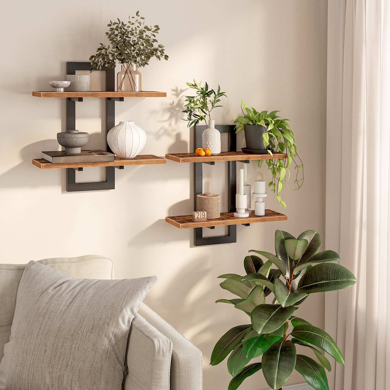 Floating Shelves Set of 2, 38.1cm Wall-Mounted 2-Tier Storage Shelves, Suitable for Living Room, Bedroom, Bathroom and Kitchen, Rustic Brown & Black – HOOBRO Furniture for B2B Wholesale