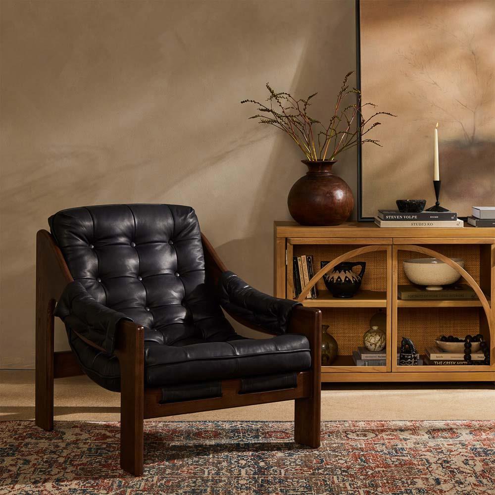 Hadley Rustic Black Upholstered Leather Brown Wood Tufted Occasional Arm Chair | Kathy Kuo Home