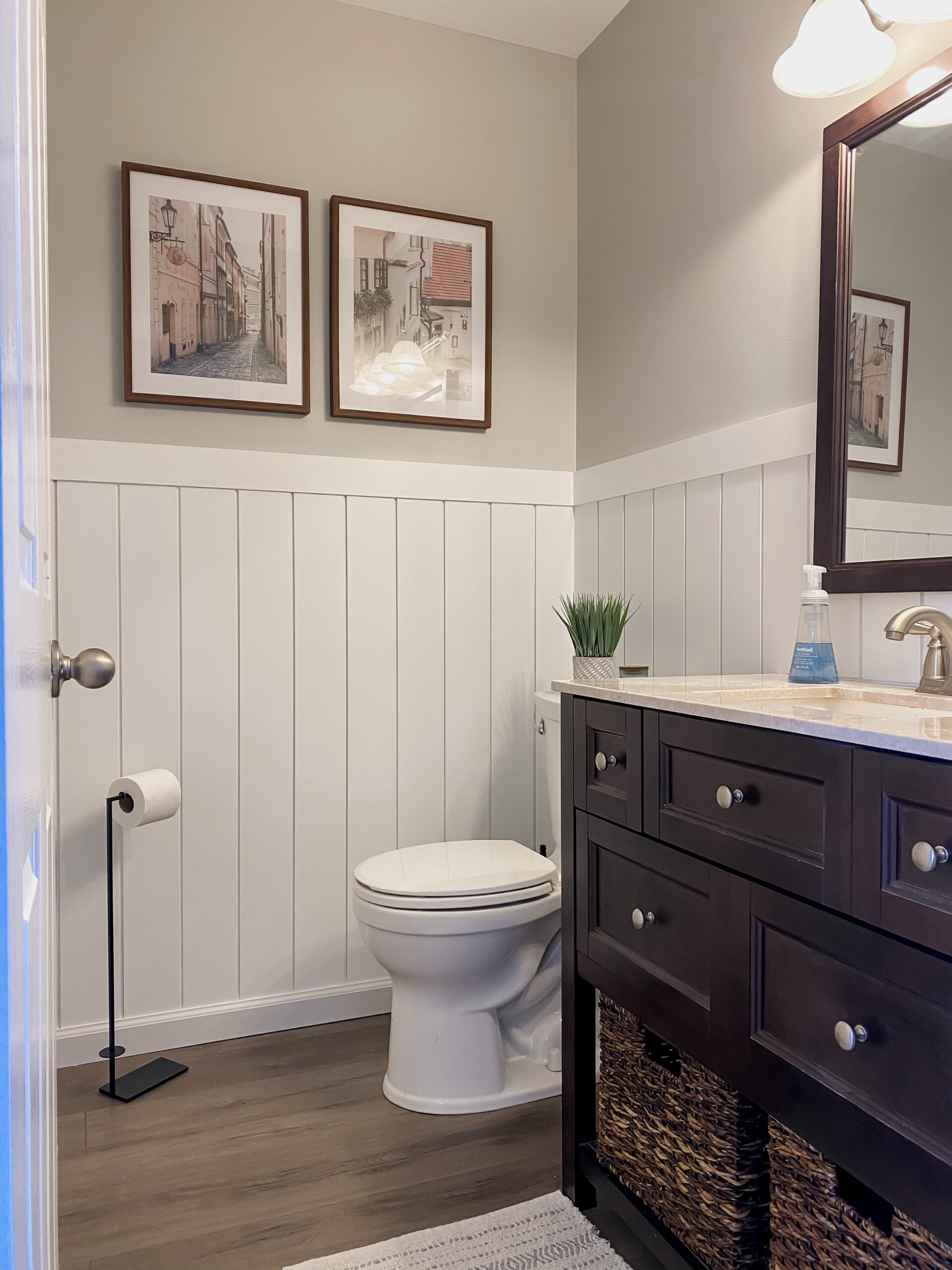 Half Bathroom Makeover with Vertical Shiplap Wall - Come Stay Awhile by Amanda Vernaci | Modern Farmhouse DIY + Home Renovation