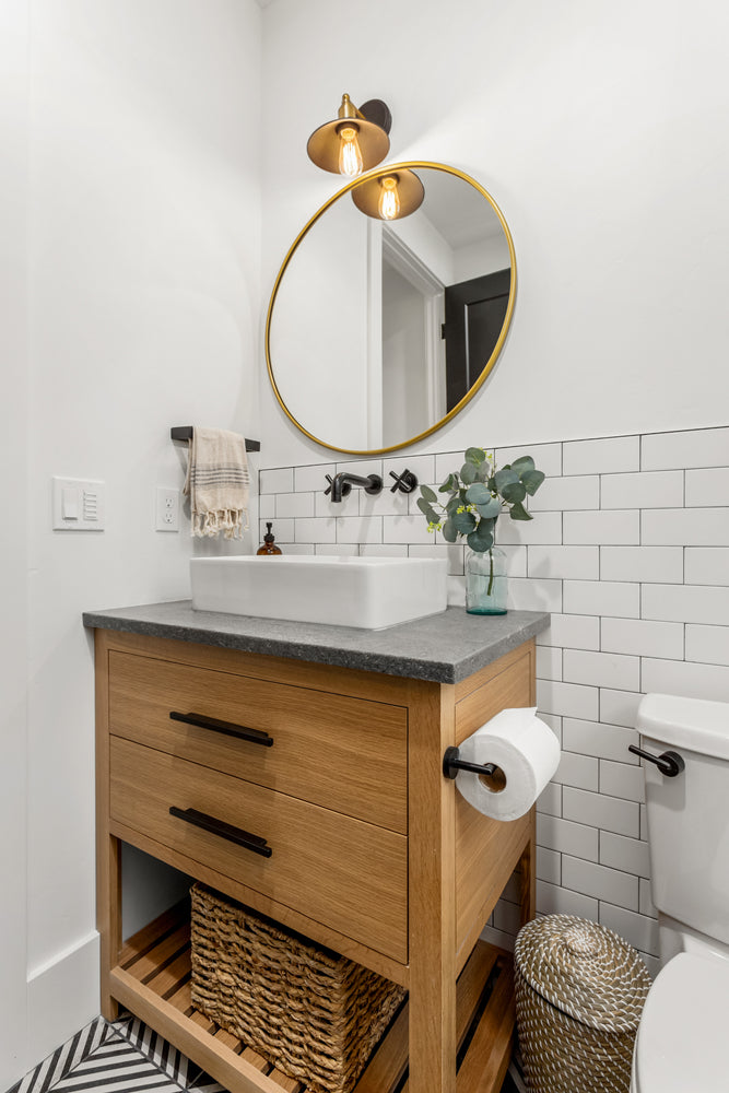 How to Decorate a Farmhouse Style Bathroom Vanity - Fossil Blu