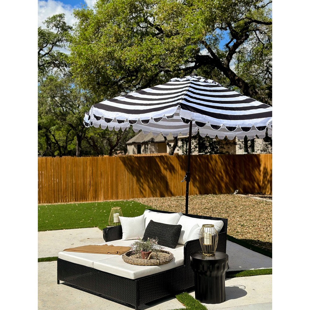 Inès French Country Black Striped Round Scalloped Patio Umbrella | Kathy Kuo Home