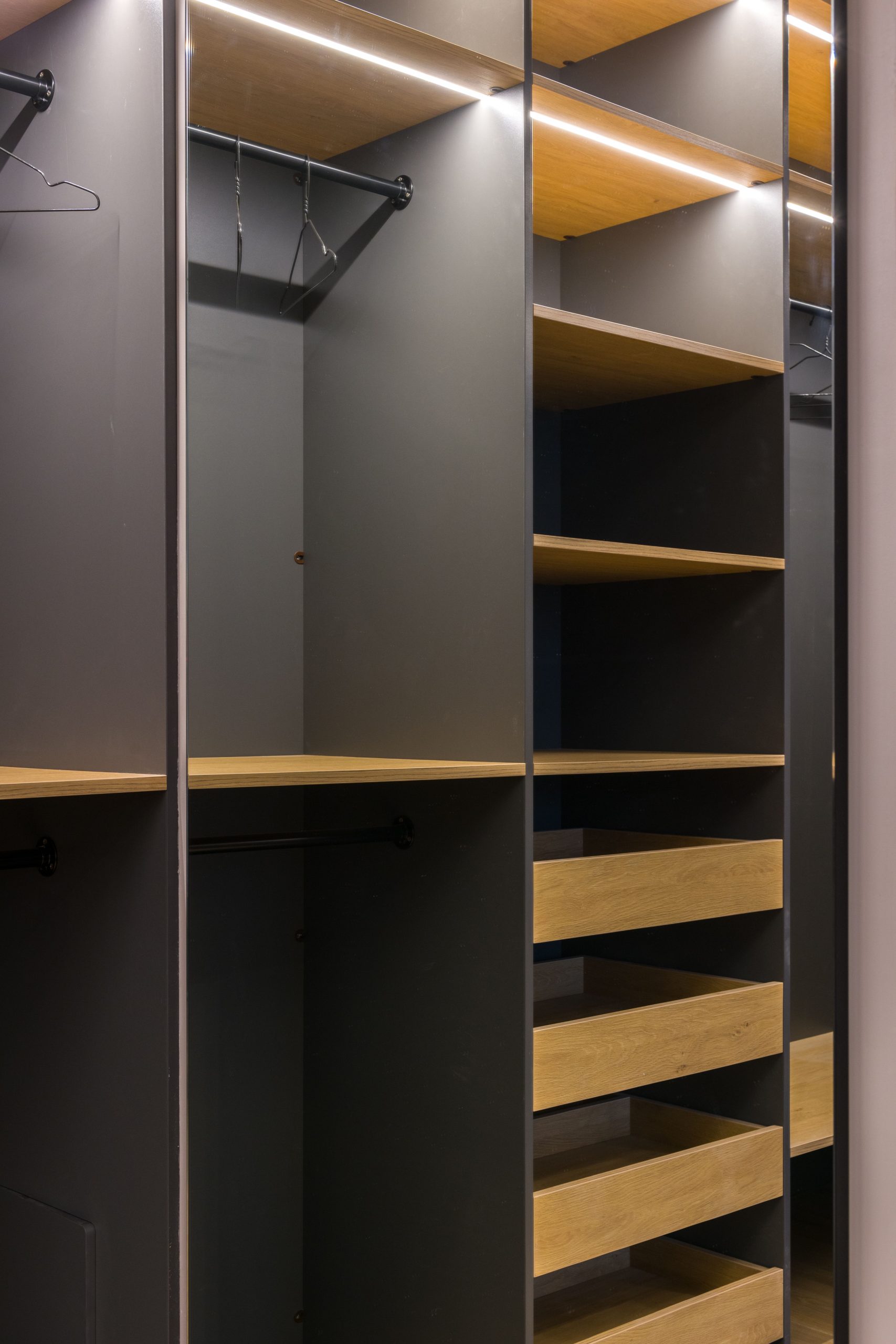 Minimalist modern wardrobe with empty shelves and hangers, perfect for organization.