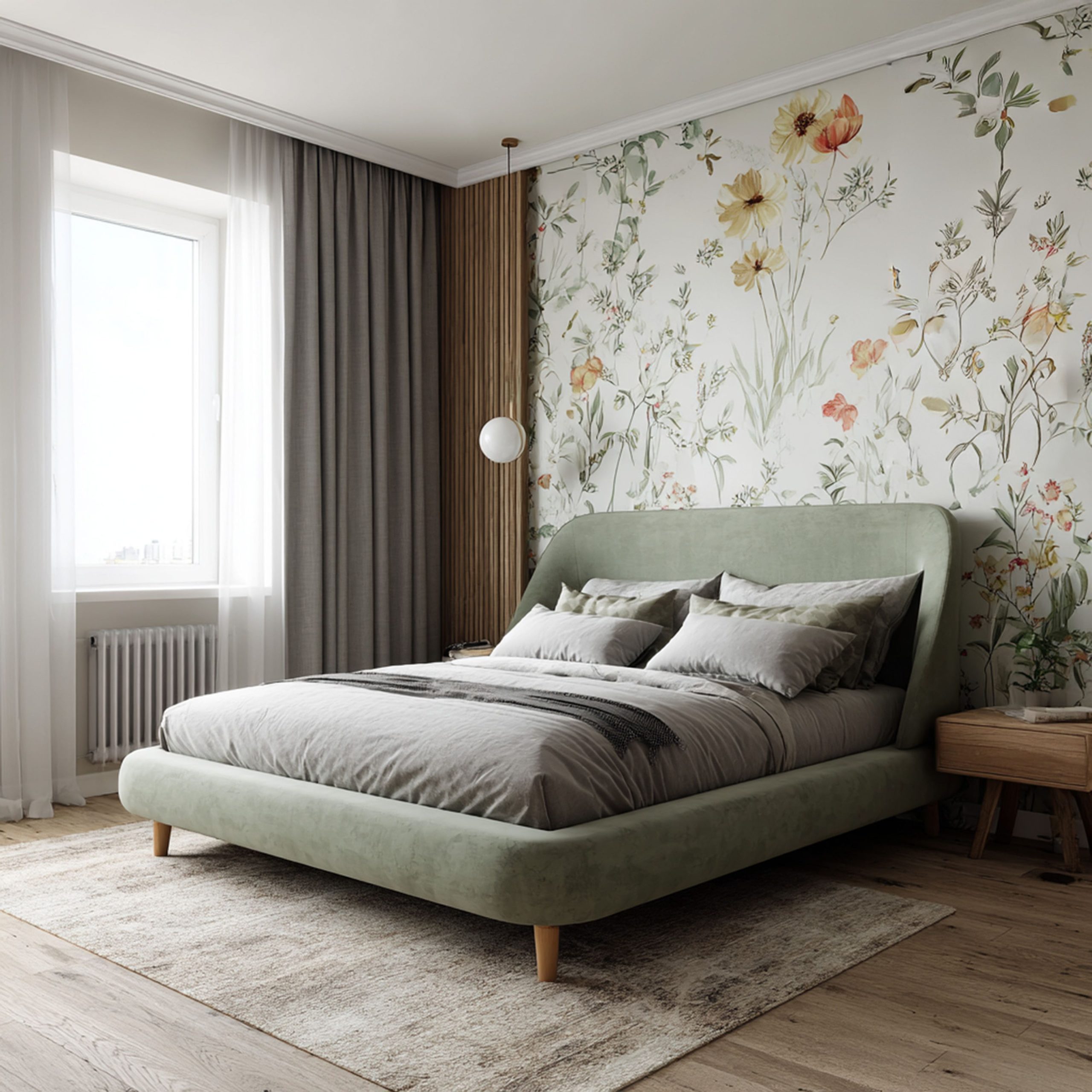 Modern Guest Bedroom Design with Botanical Wall and Platform Bed | Livspace