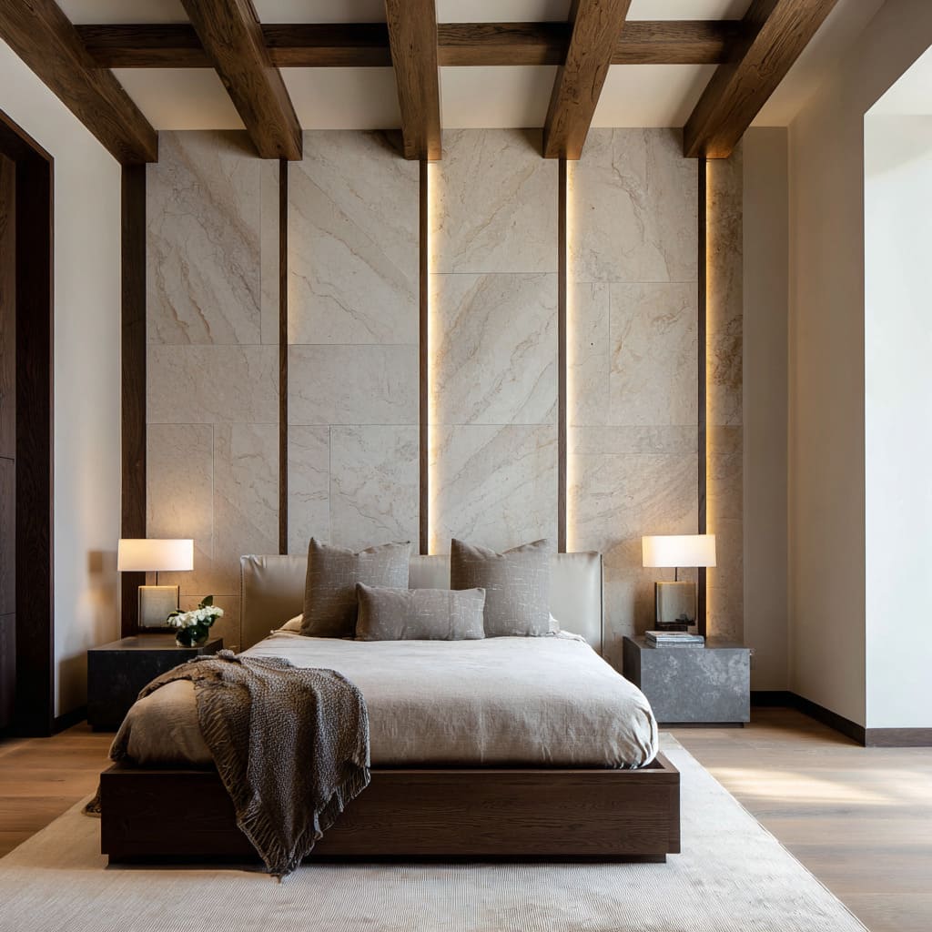 Modern Luxury Master Bedroom with Slat & Grid Feature Wall