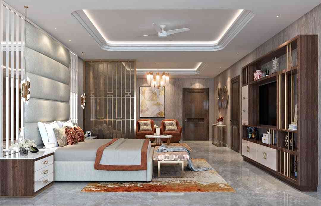 Modern Master Bedroom Design With A Grey Upholstered Bed by Alisha Sharma designs | KreateCube
