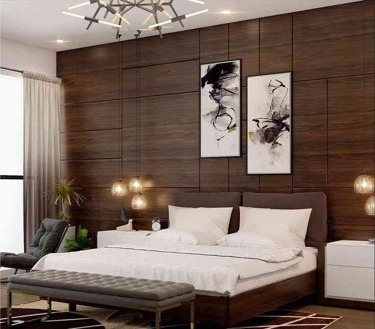 Modern Master Bedroom Interior Featuring Wooden Panel Accent Wall by Studiorigin | KreateCube