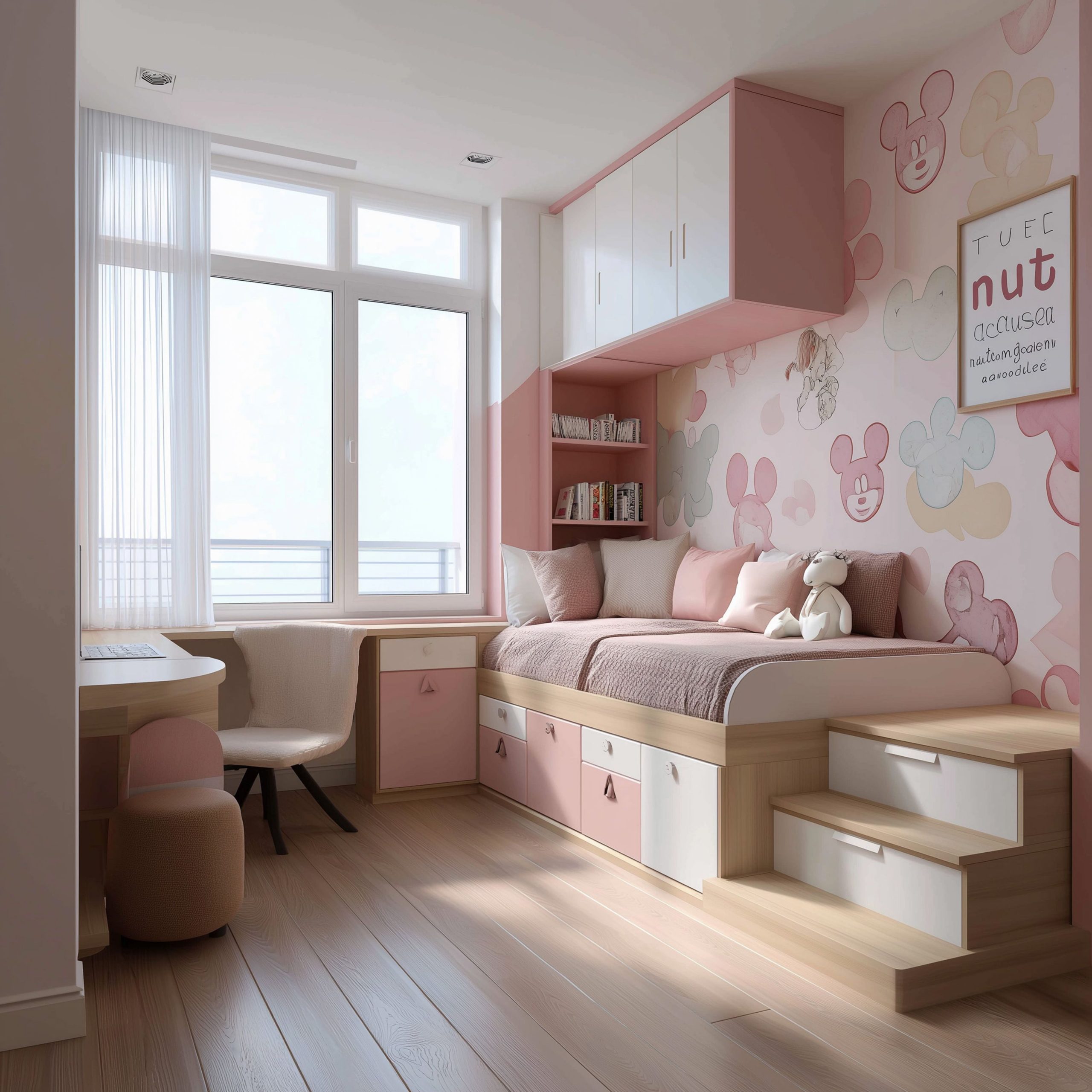 Modern Pastel Pink Kids Bedroom Design With Cartoon Wallpaper, Storage Bed And Study Desk | Livspace