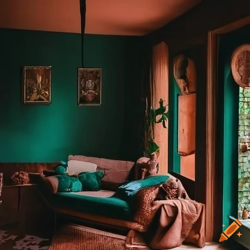 Moody green and terracotta cottage living room with earthy witchy vibes on Craiyon
