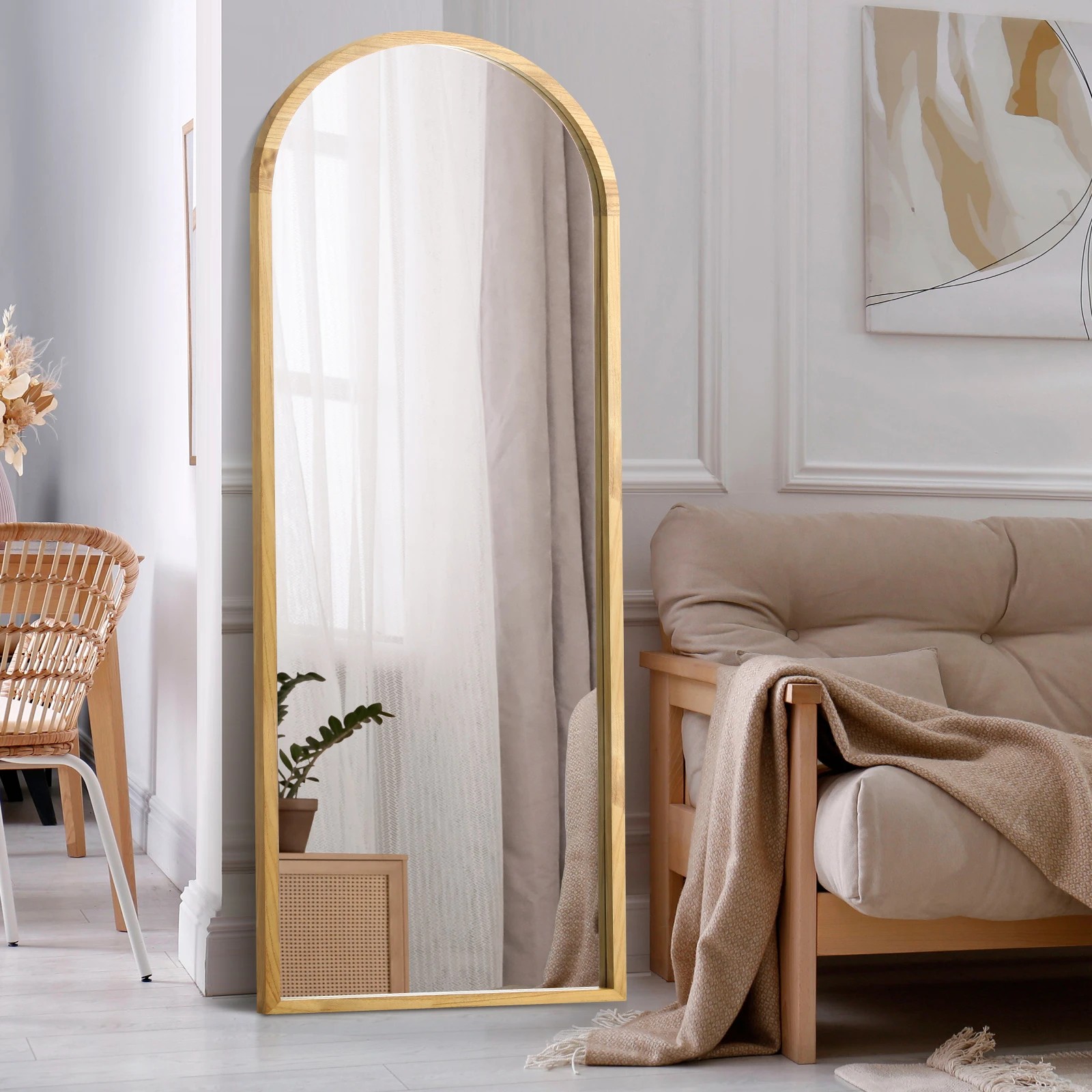 Oikiture Wooden Full Length Mirror 166x60cm Arched Dressing Floor Mirrors - Natural - Kmart