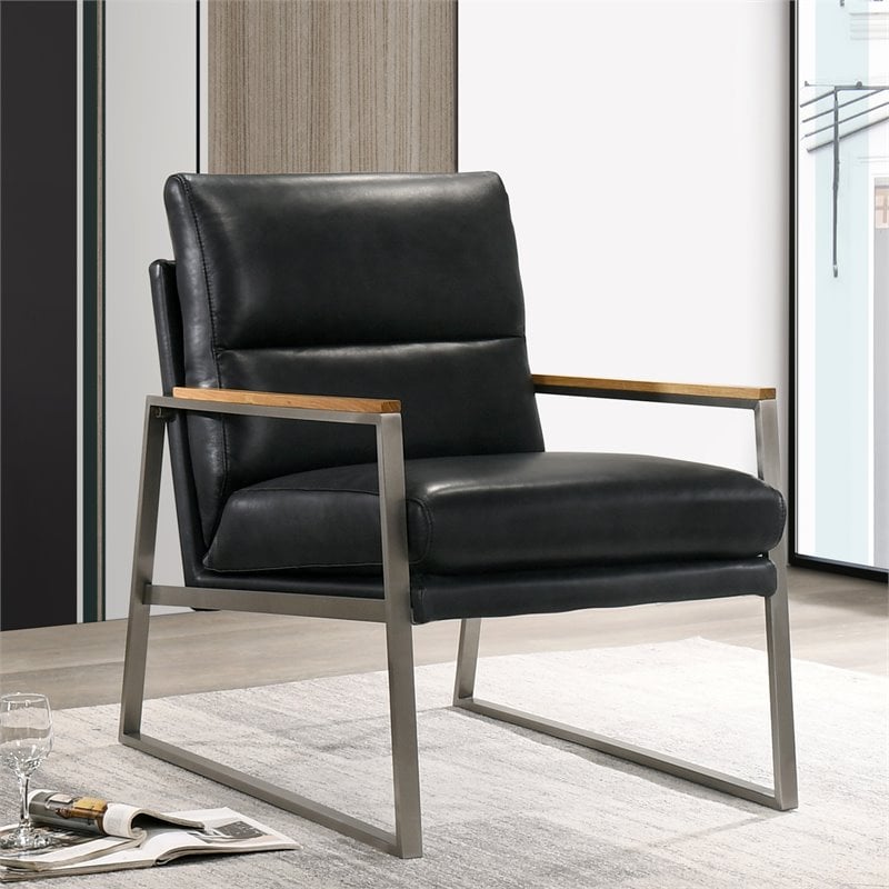 Omax Decor Colin Stainless Steel & Genuine Leather Accent Chair in Black | Homesquare
