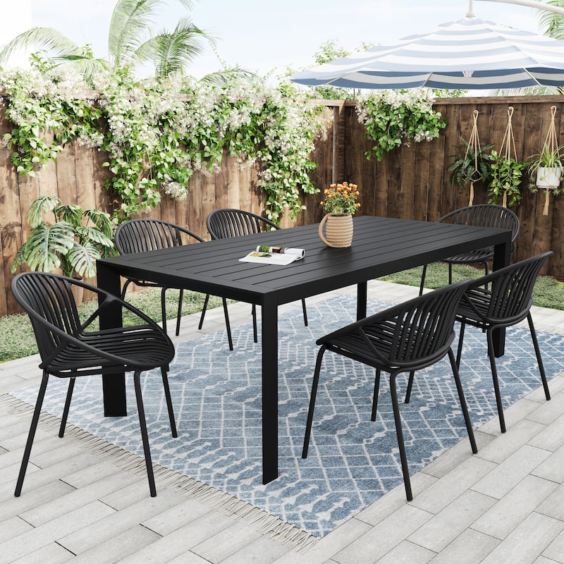 Outdoor Furniture Project 62 Dining Table 7-Pieces Metal Frame Outdoor Dining Set With Table And