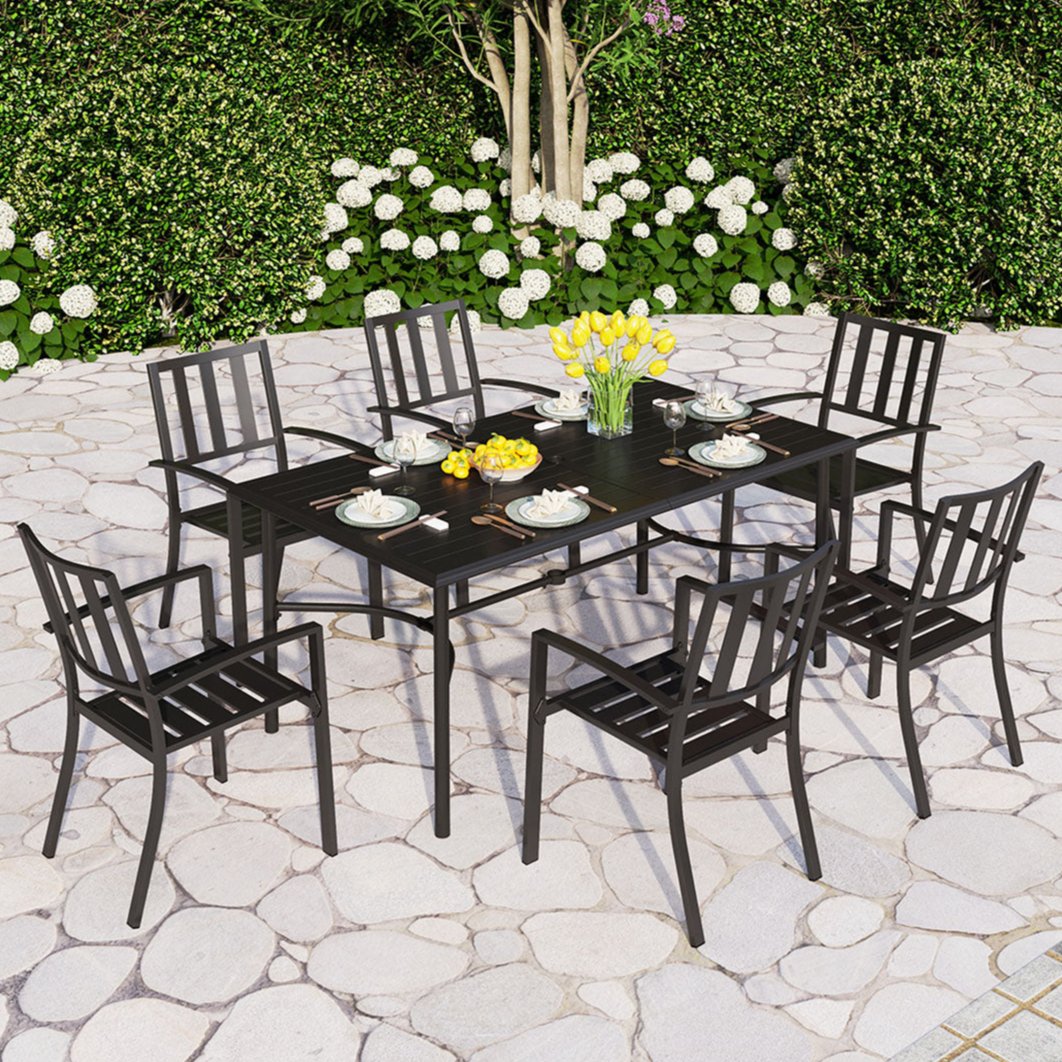 PHI VILLA 7-Piece Patio Dining Set 6 Stackable Chairs and Rectangle Ta