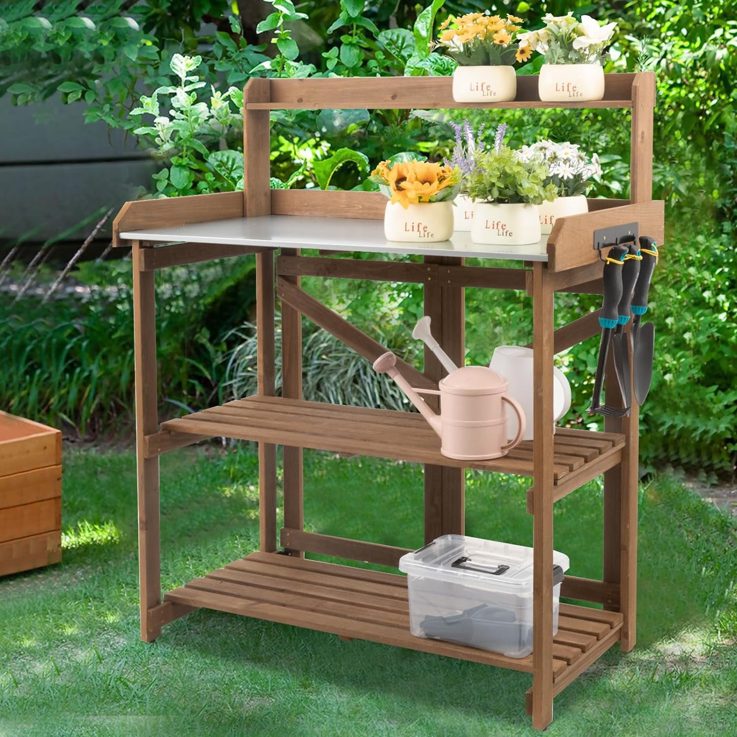 Potting Bench with Galvanized Top, Foldable Outdoor Malta | Ubuy