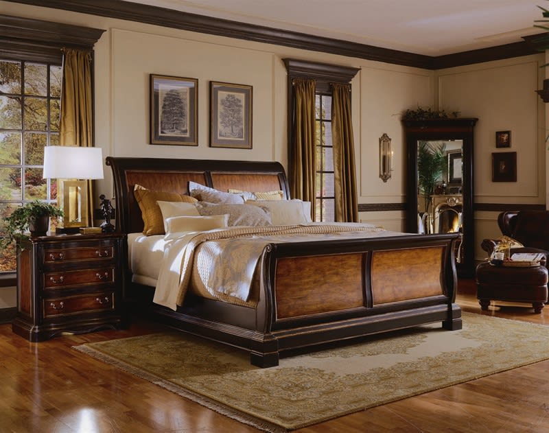 Preston Ridge Sleigh Bed 6 Piece Bedroom Set in Two-Tone with Distressed Black Finish by