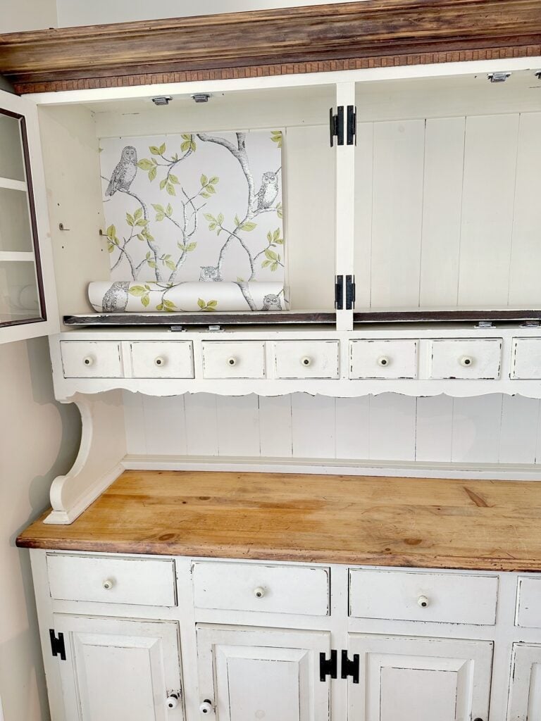 Quick and Easy China Cabinet Makeover Using Wallpaper - Celebrated Nest