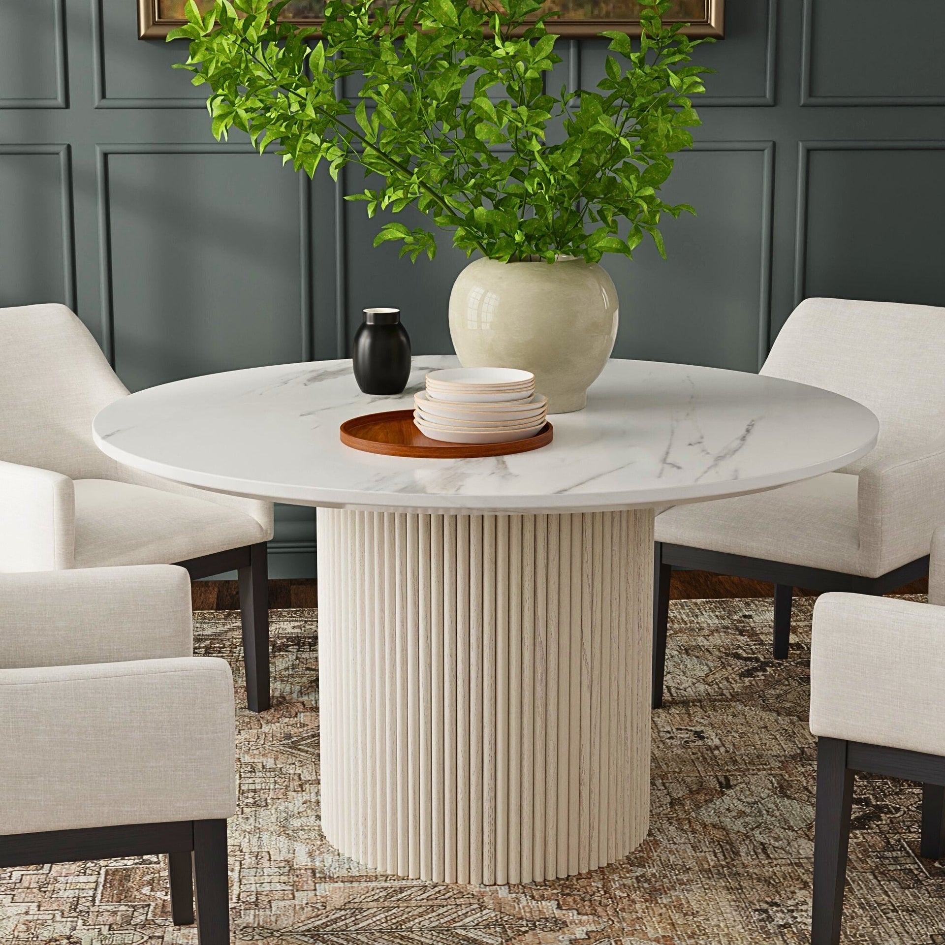 Reba Quartz Top Round Dining Table, White Wash – Alpine Furniture