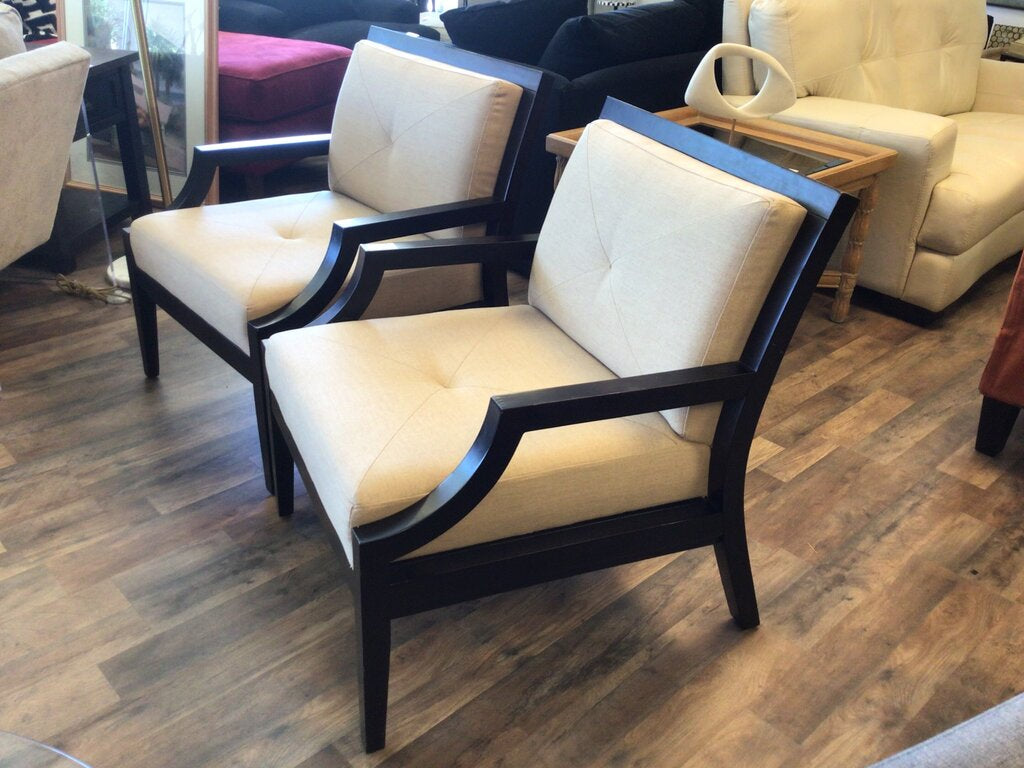 S/2 Black Mahogany & Beige Fabric Arm Chairs – Chic and Cozy Consignment