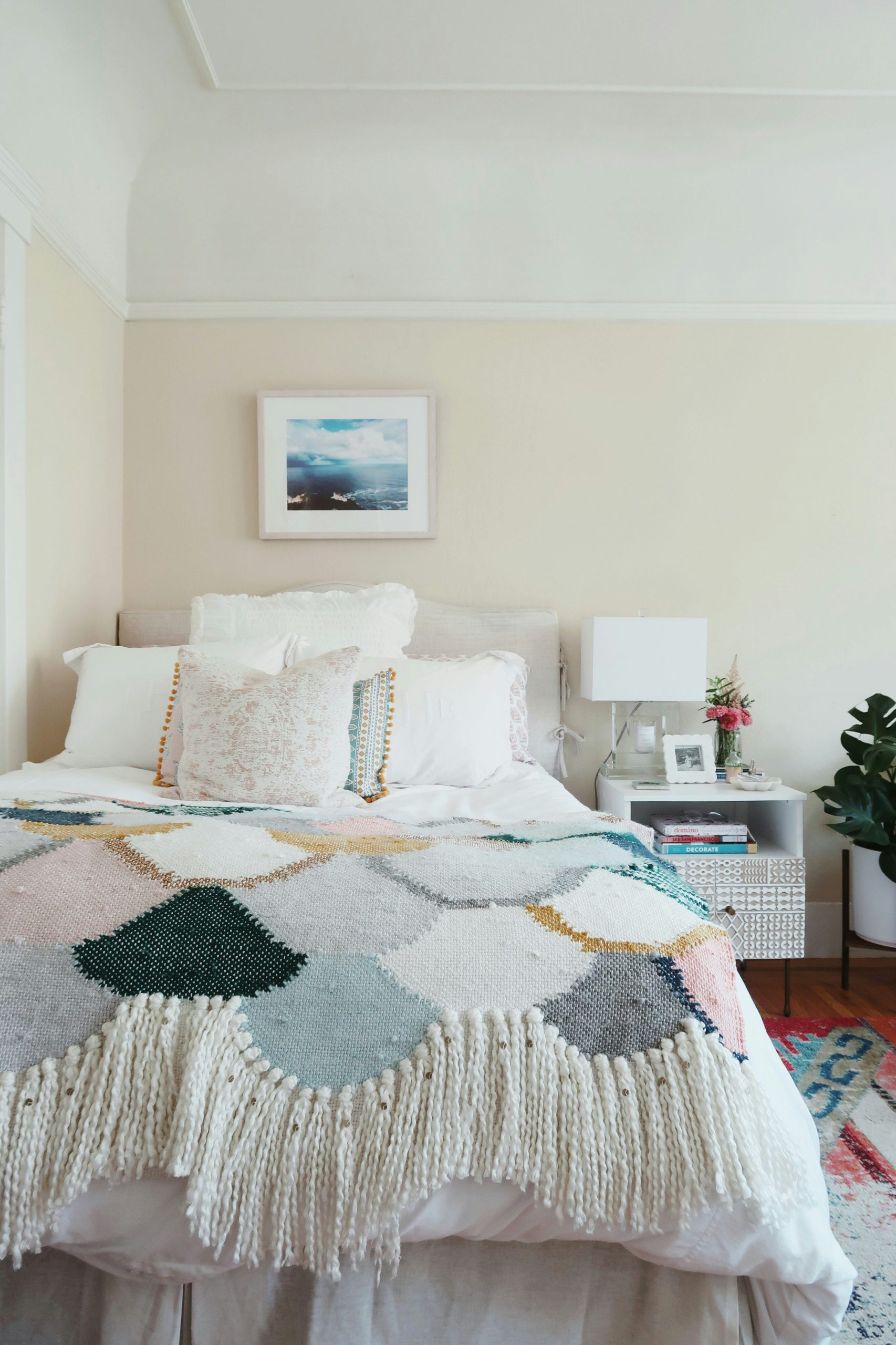 San Francisco Sunset District; Cozy apartment bedroom - feminine, colorful and boho style