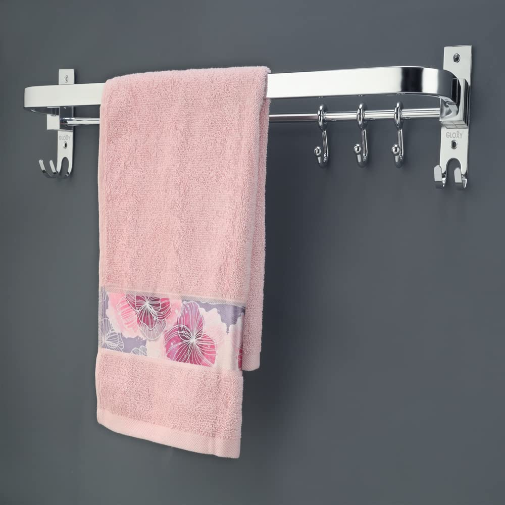 Shower Towel Bar Gloxy Round Shape Stainless Steel Chrome Finish Folding Towel Rod With Adjustable Hooks – 24 Inch