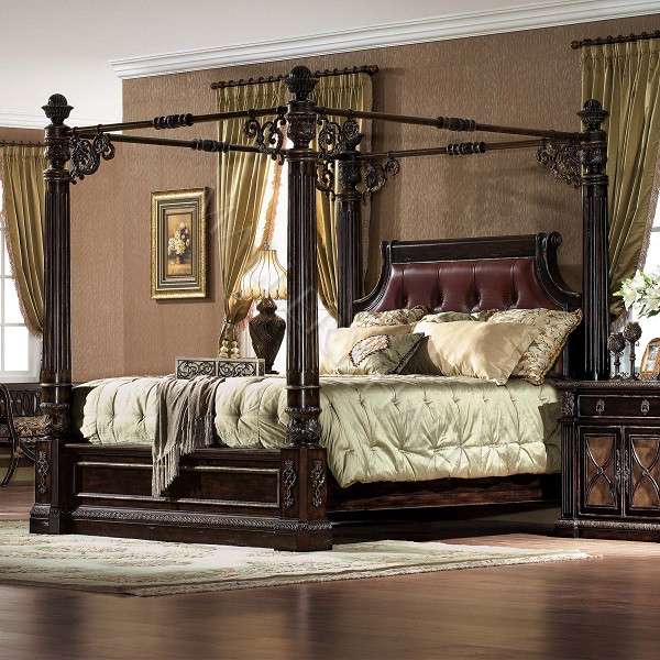 Sicily Leather Tufted Headboard Canopy Bed - cal-king-size / 2-pc-set