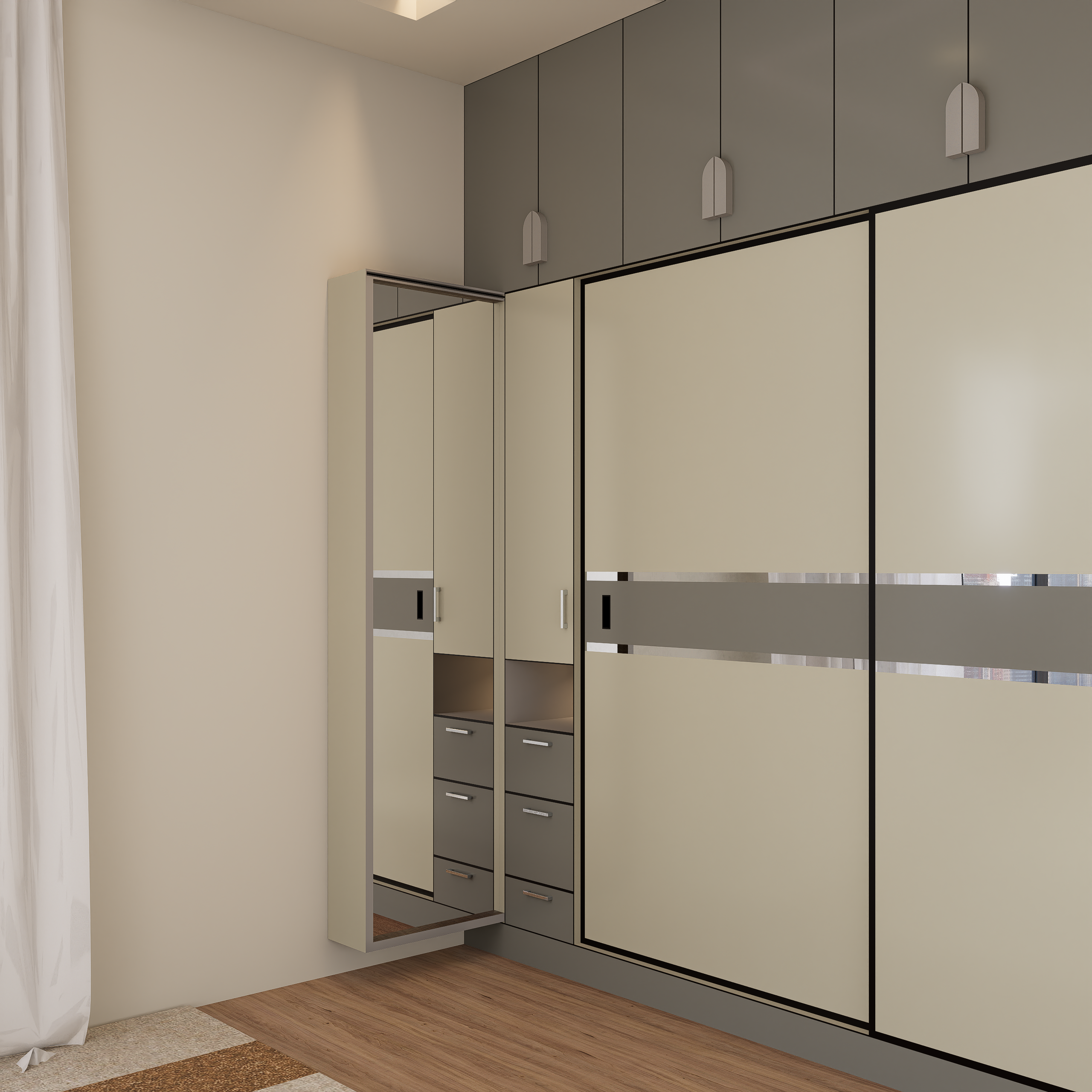 Sleek modern wardrobe with minimalist aesthetic in a neutral-toned bedroom interior.