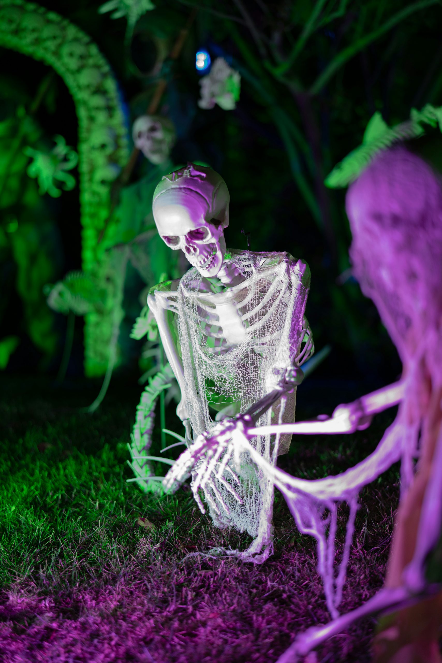 Spooky skeletons in a dark, eerie outdoor setting.