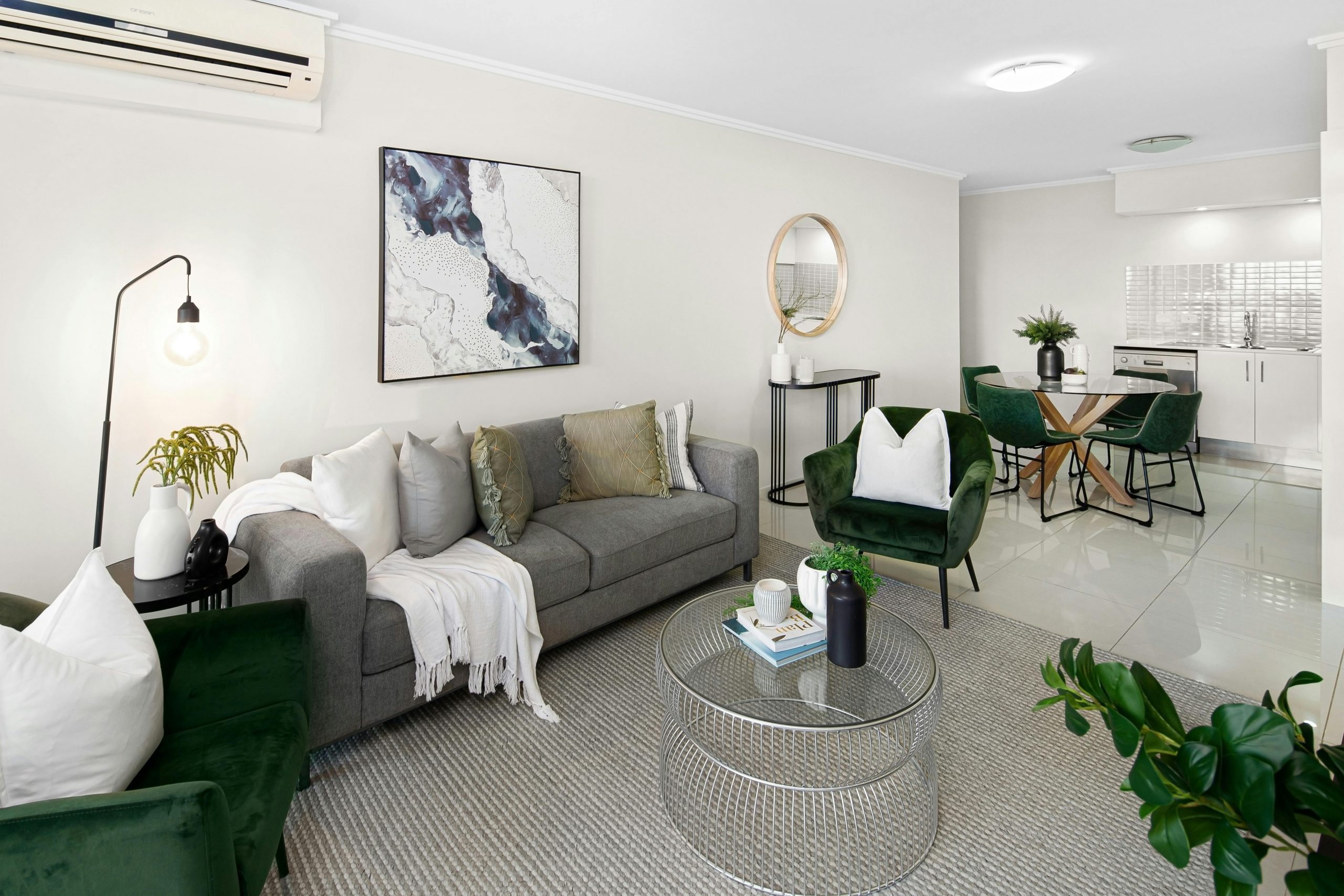 Stylish modern living room interior with elegant furniture and decor.