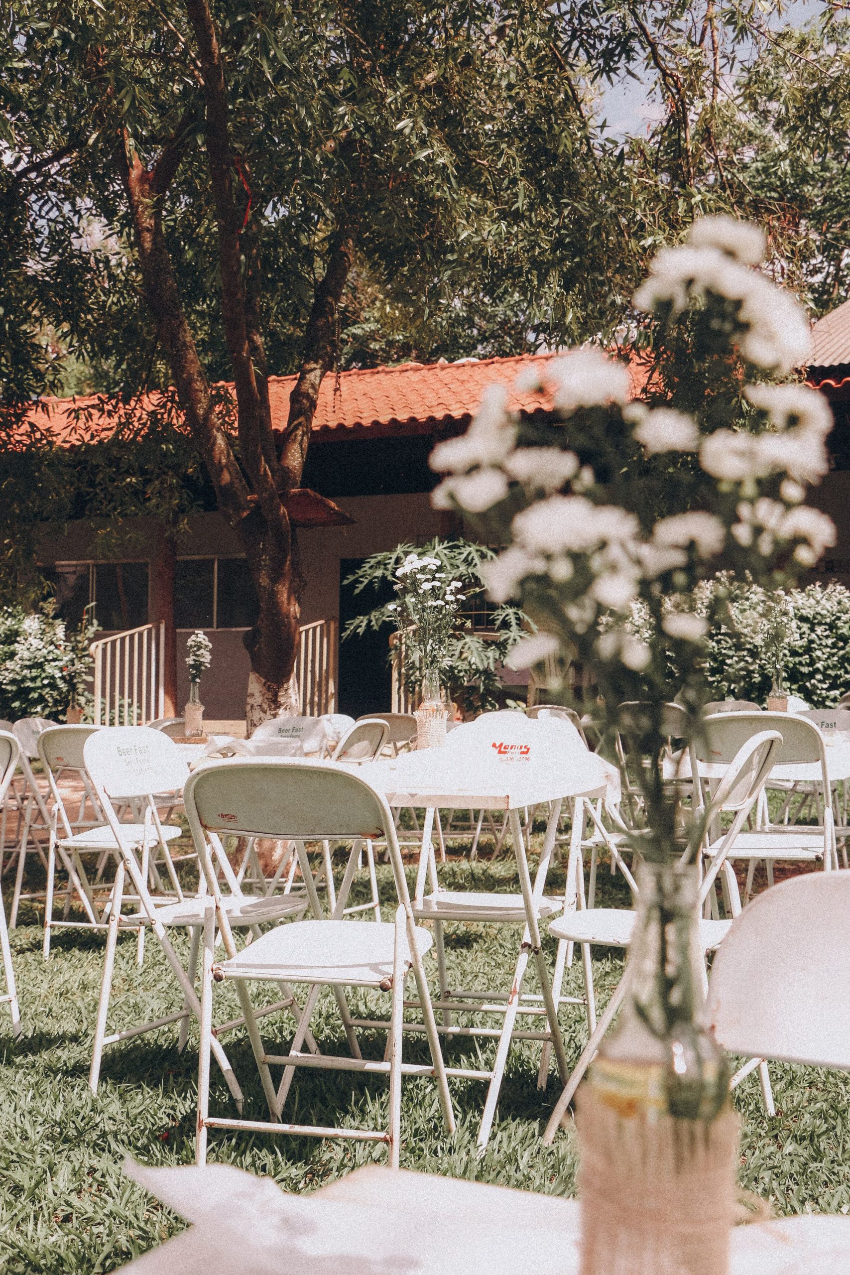 Sunny garden event setup with white chairs and floral arrangements.