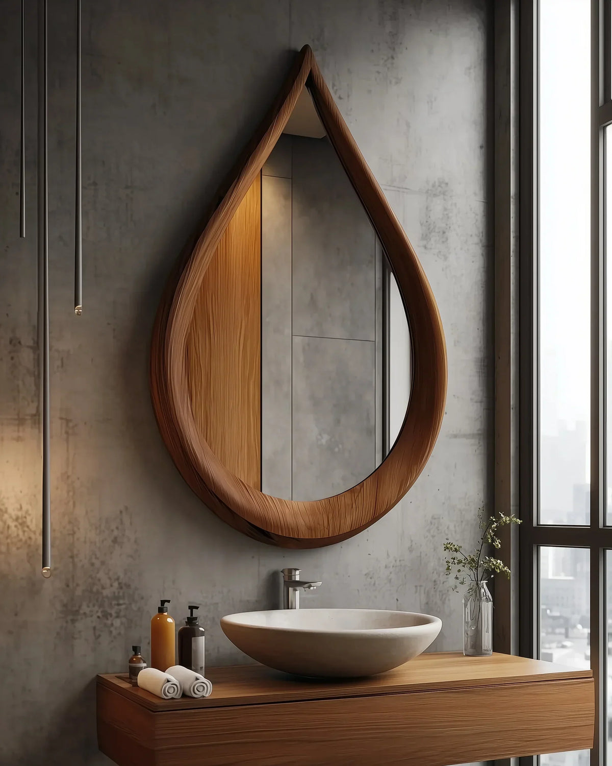 Teardrop Wooden Wall Mirror Frame Asymmetrical Solid Wood Boho Decor - 22'W x 15'H