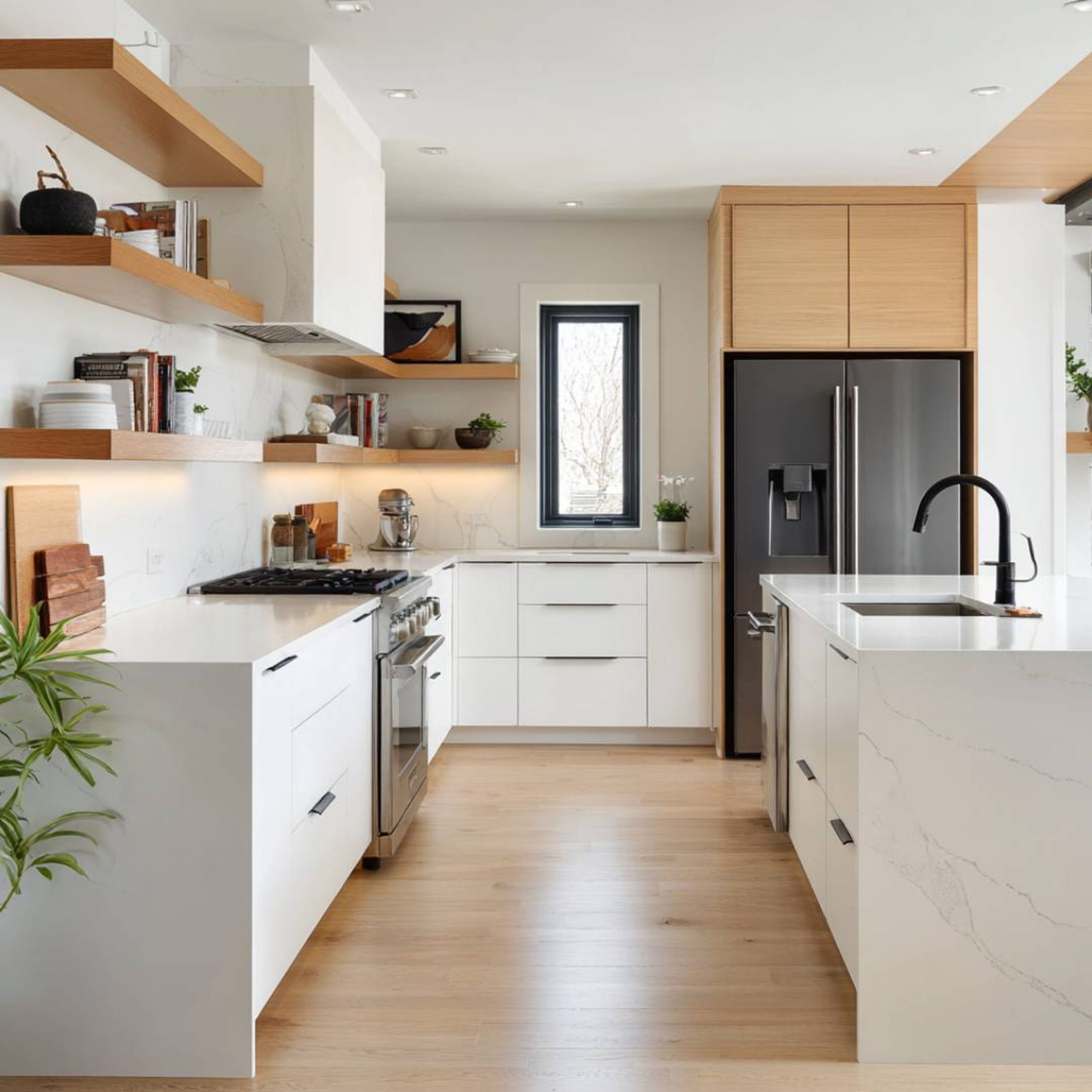 White and Walnut Modern Island Kitchen Design with Wooden Shelves and Quartz Counter | Livspace
